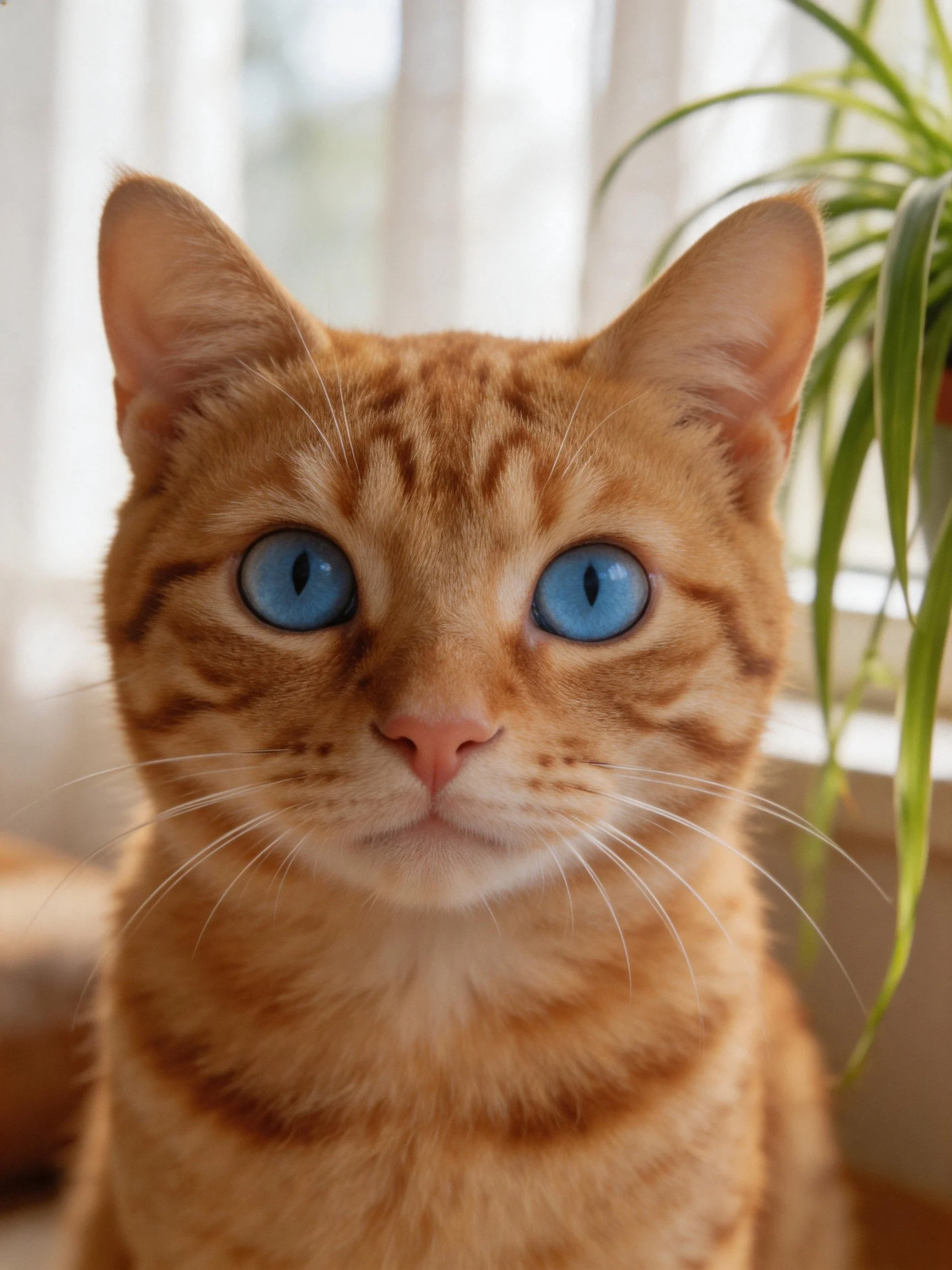 An orange tabbycat with bright blue eyes beside a green houseplant