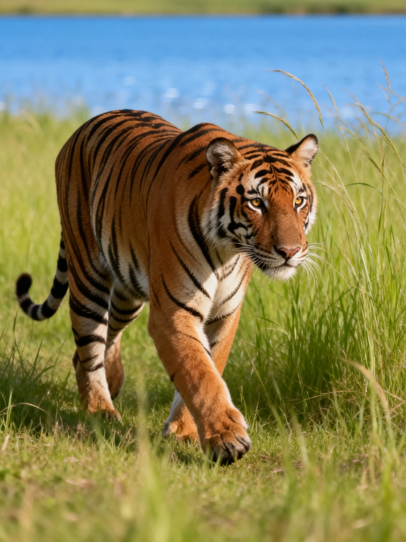 An orange tiger with black stripes moves through tall grass near a body of water.