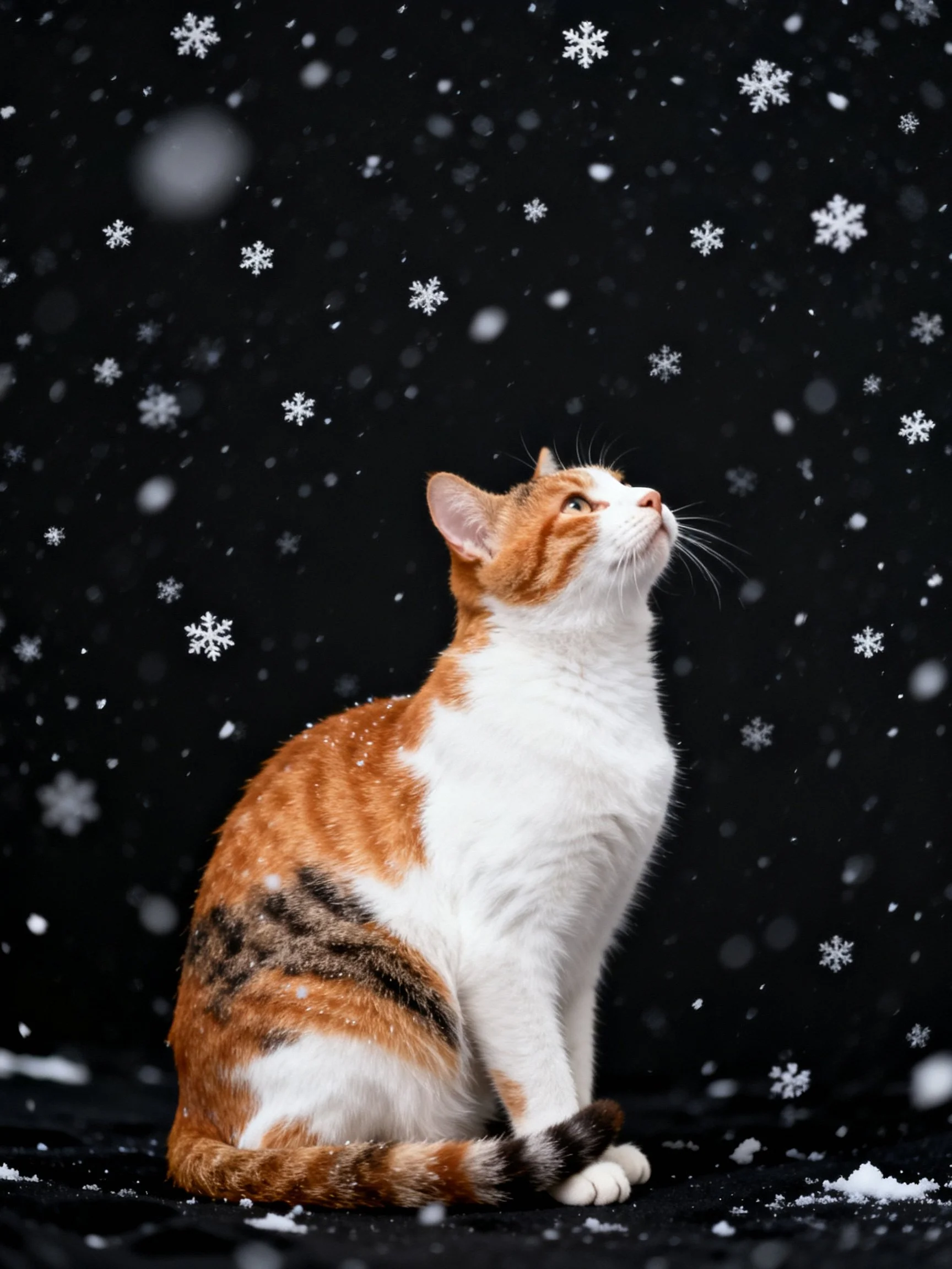 A calico cat looks up at falling snowflakes against a dark backdrop