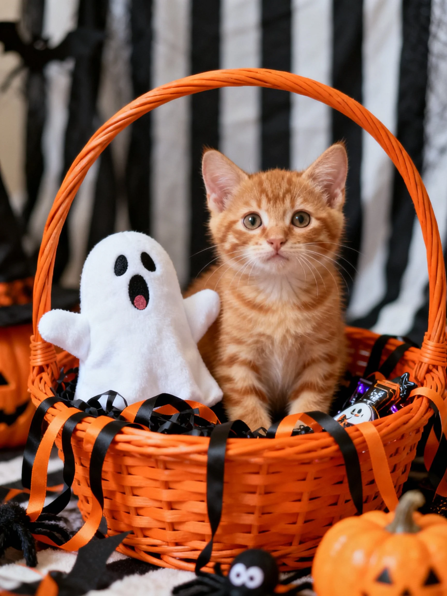 A ginger kitten sits in an orange basket with Halloween-themed items.