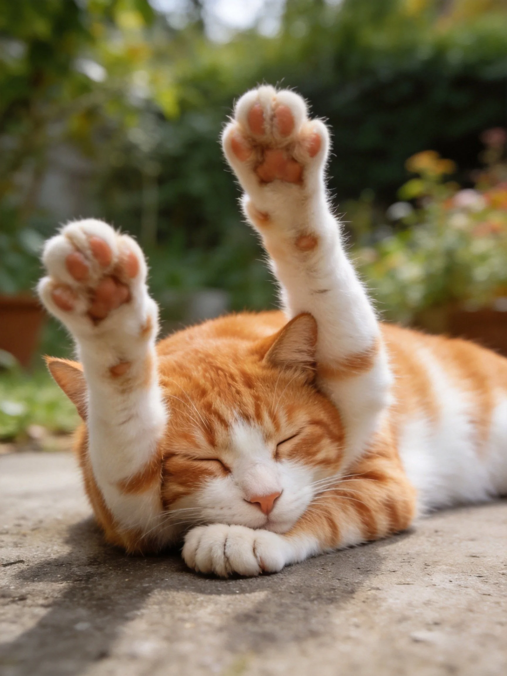 An orangeand white cat stretches paws upward while resting outdoors