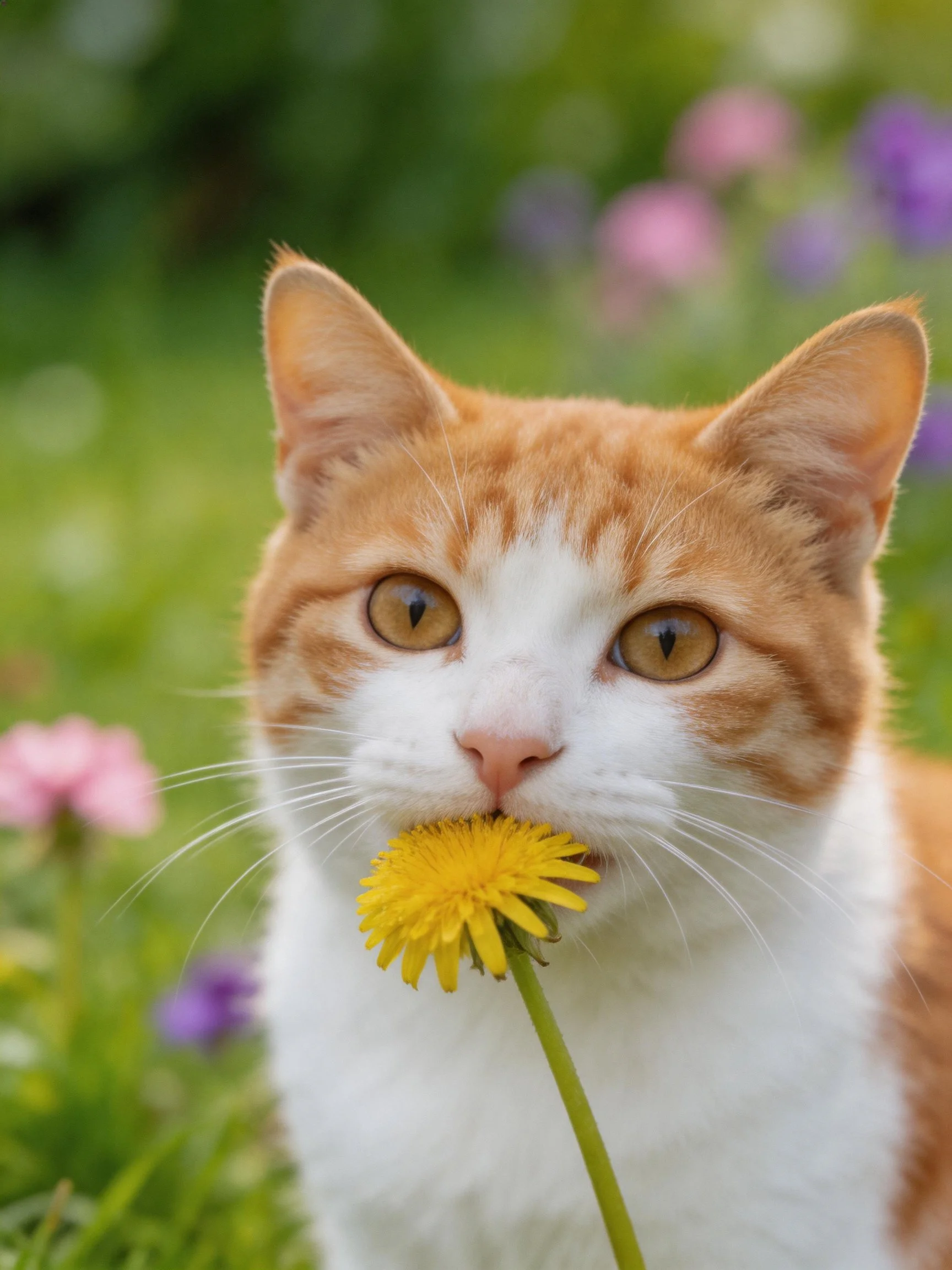 Anorange and white cat nibbles a bright yellow flower outdoors