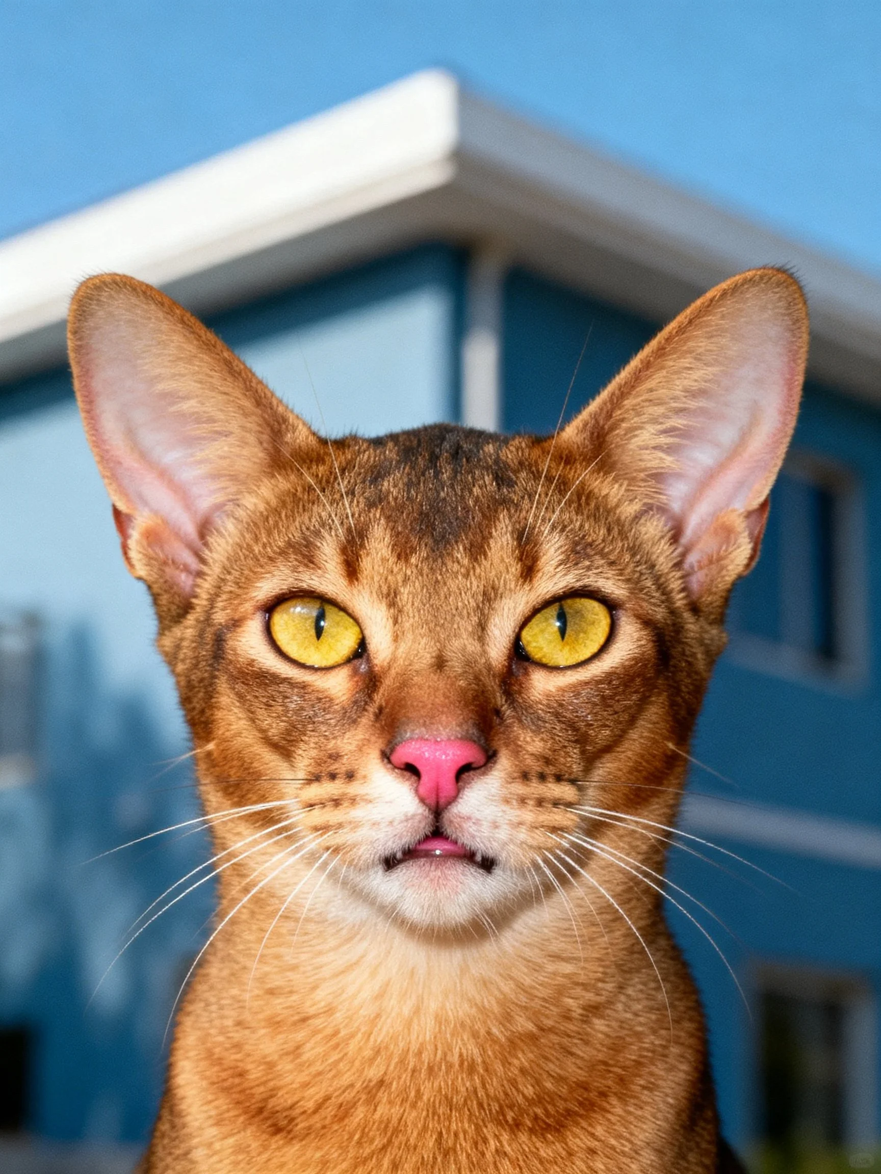 Auburn-colored Abyssinian cat with bright yellow eyes near blue house