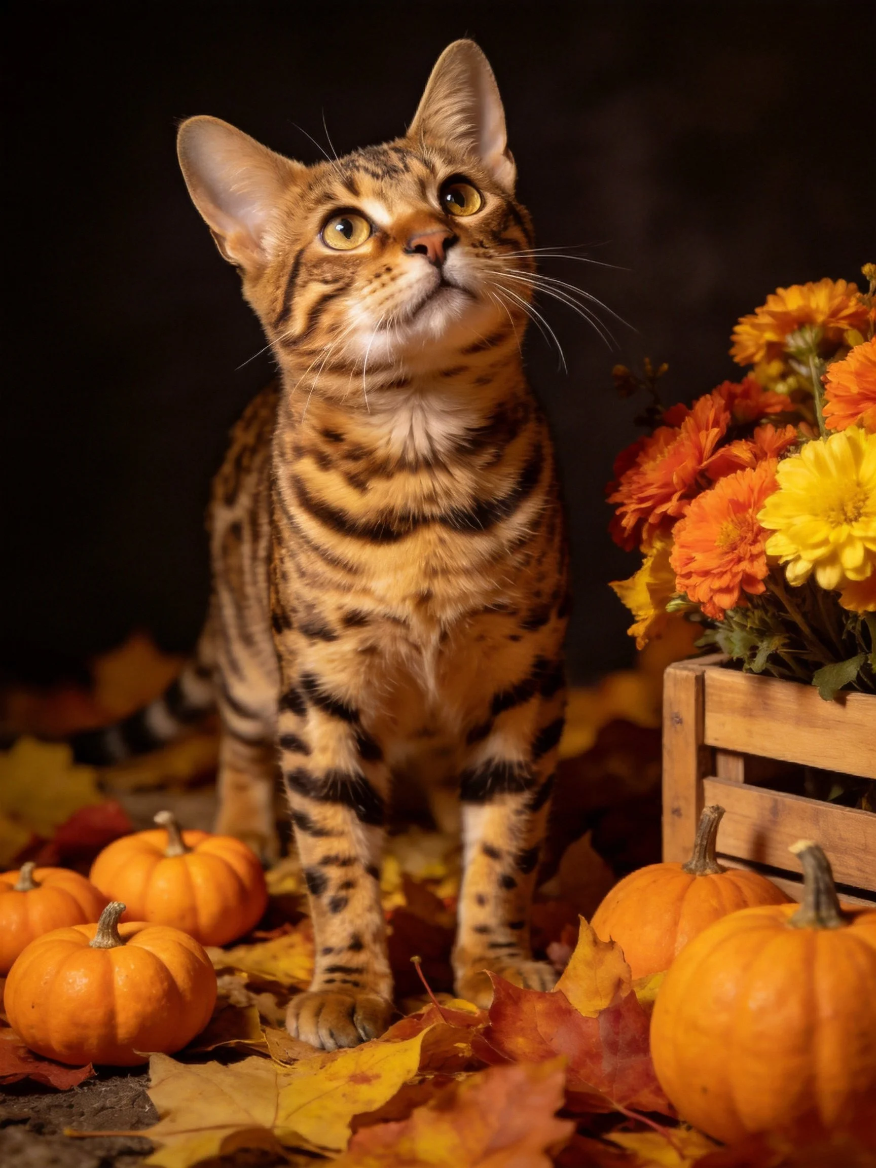 Bengal cat amidst small pumpkins, autumn leaves, and colorful flowers