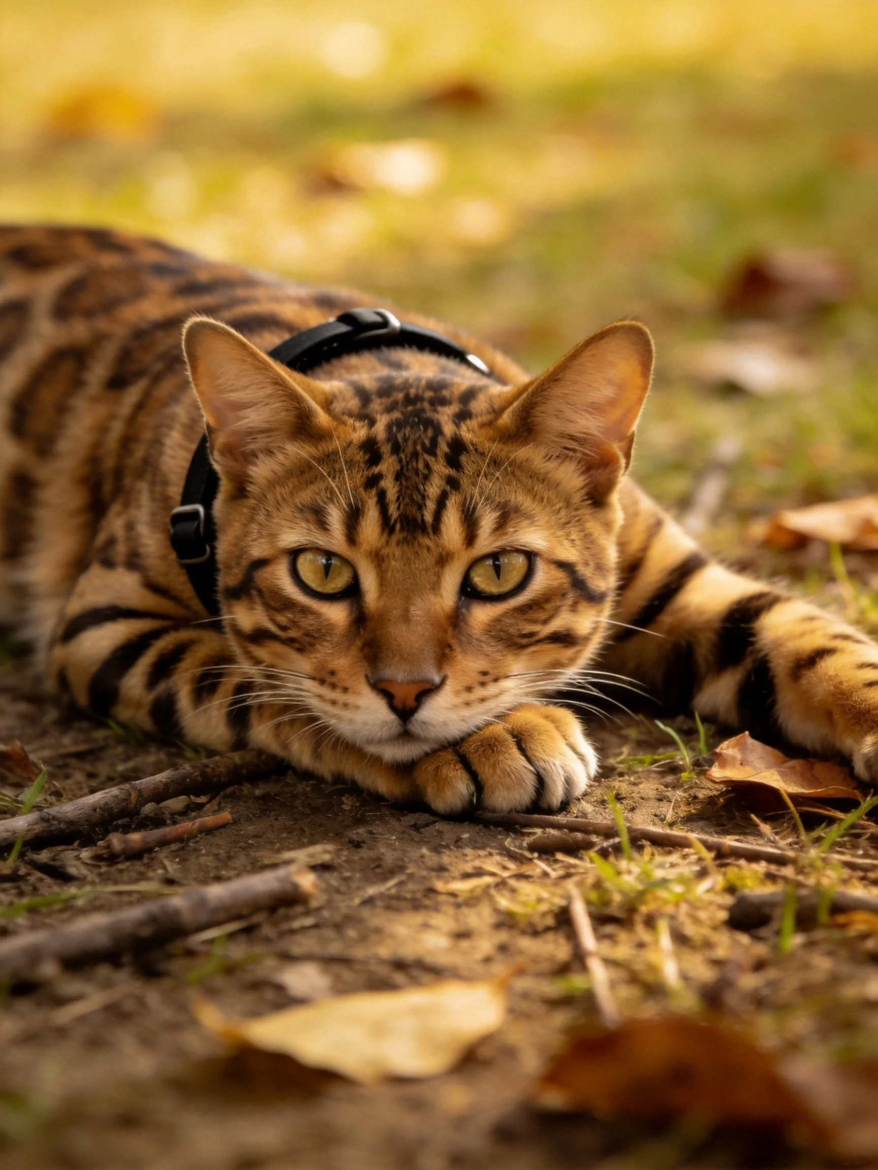 Bengal cat resting on earthy ground amid scattered leaves