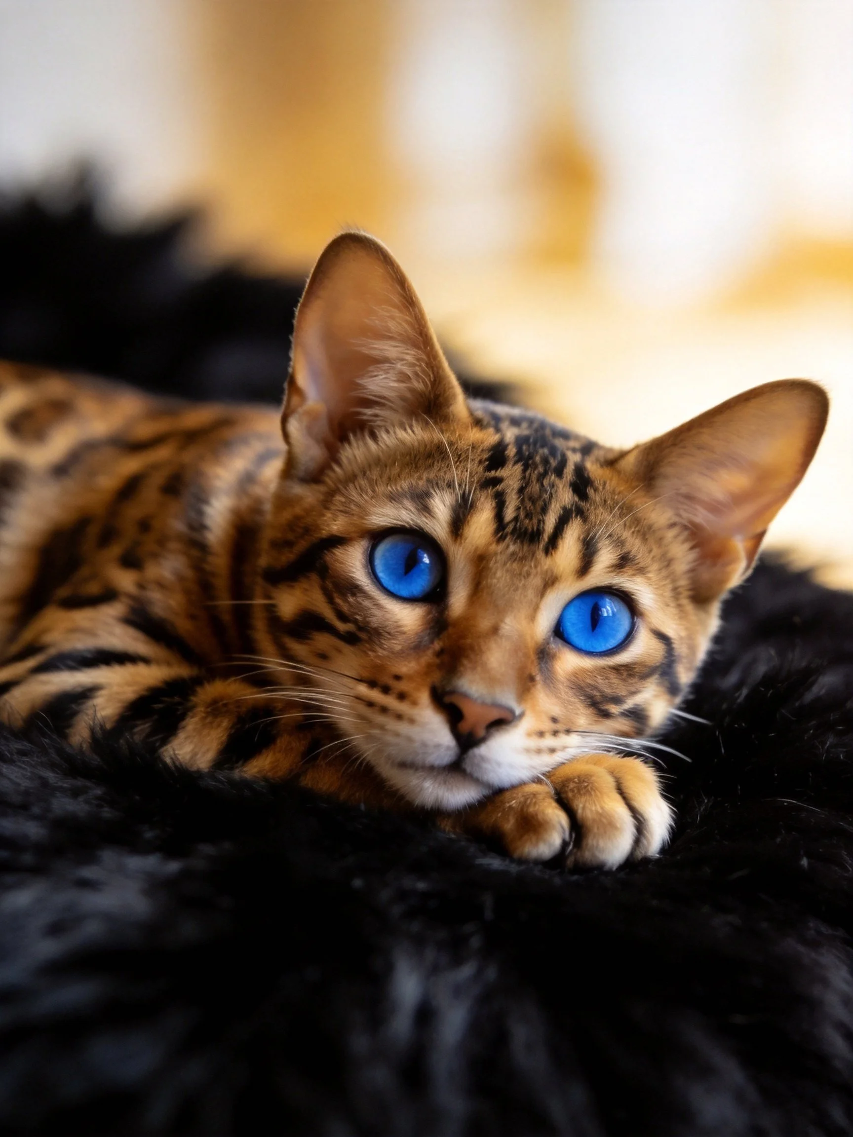 A Bengal cat with vivid blue eyes relaxes on a soft black fabric.