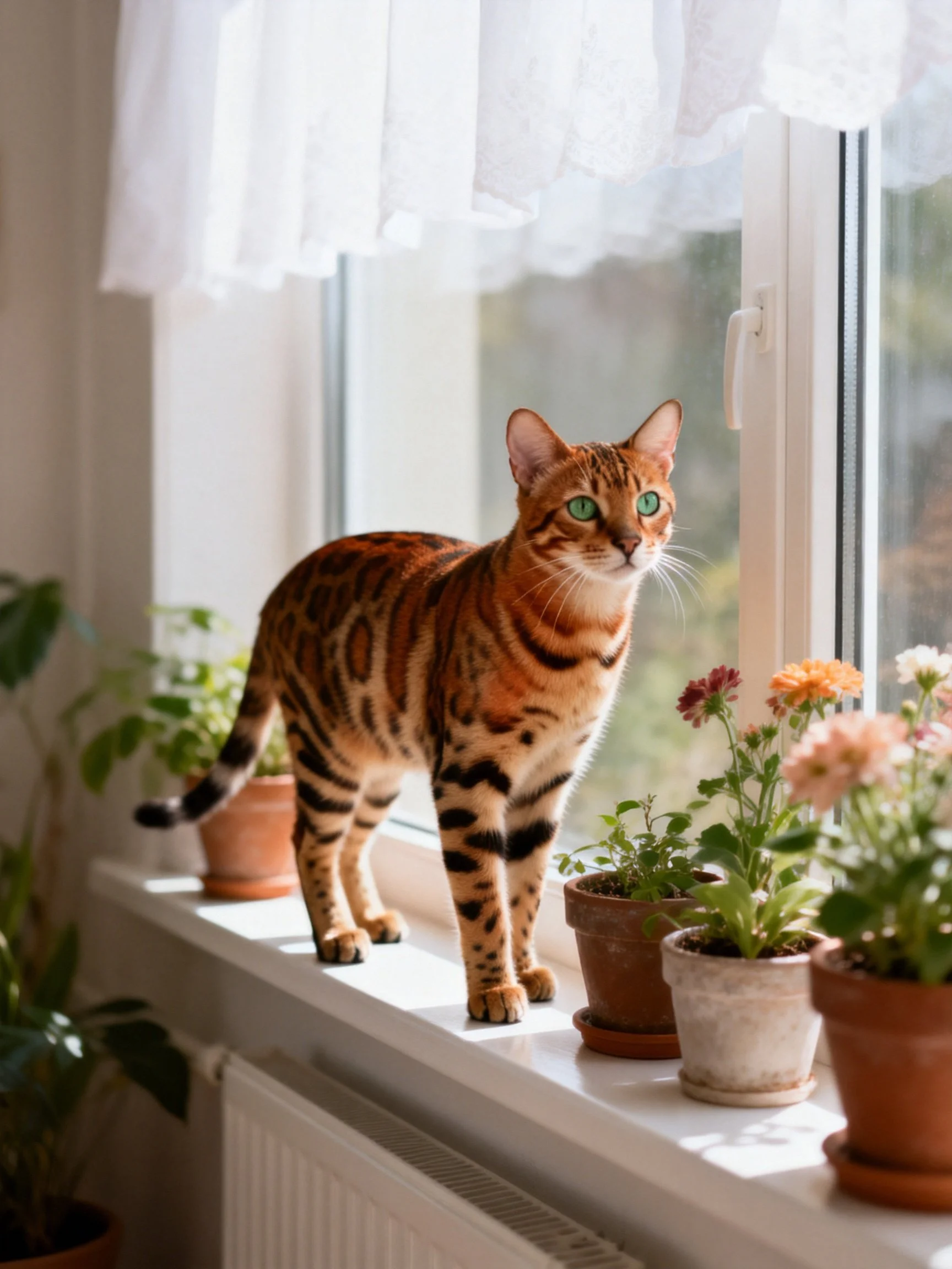 A Bengal cat stands on a sunlit windowsill surrounded by potted plants.