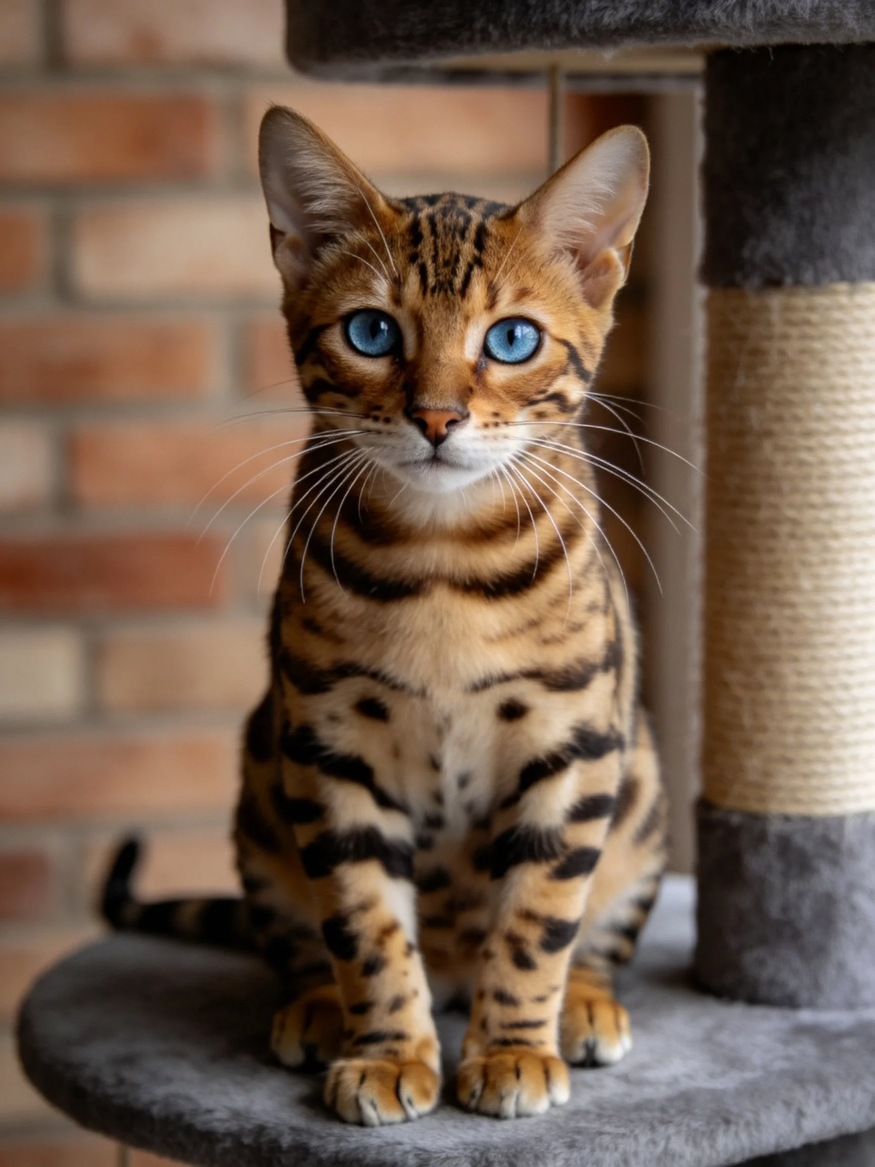 Bengal kitten with bright blue eyes on a pet platform