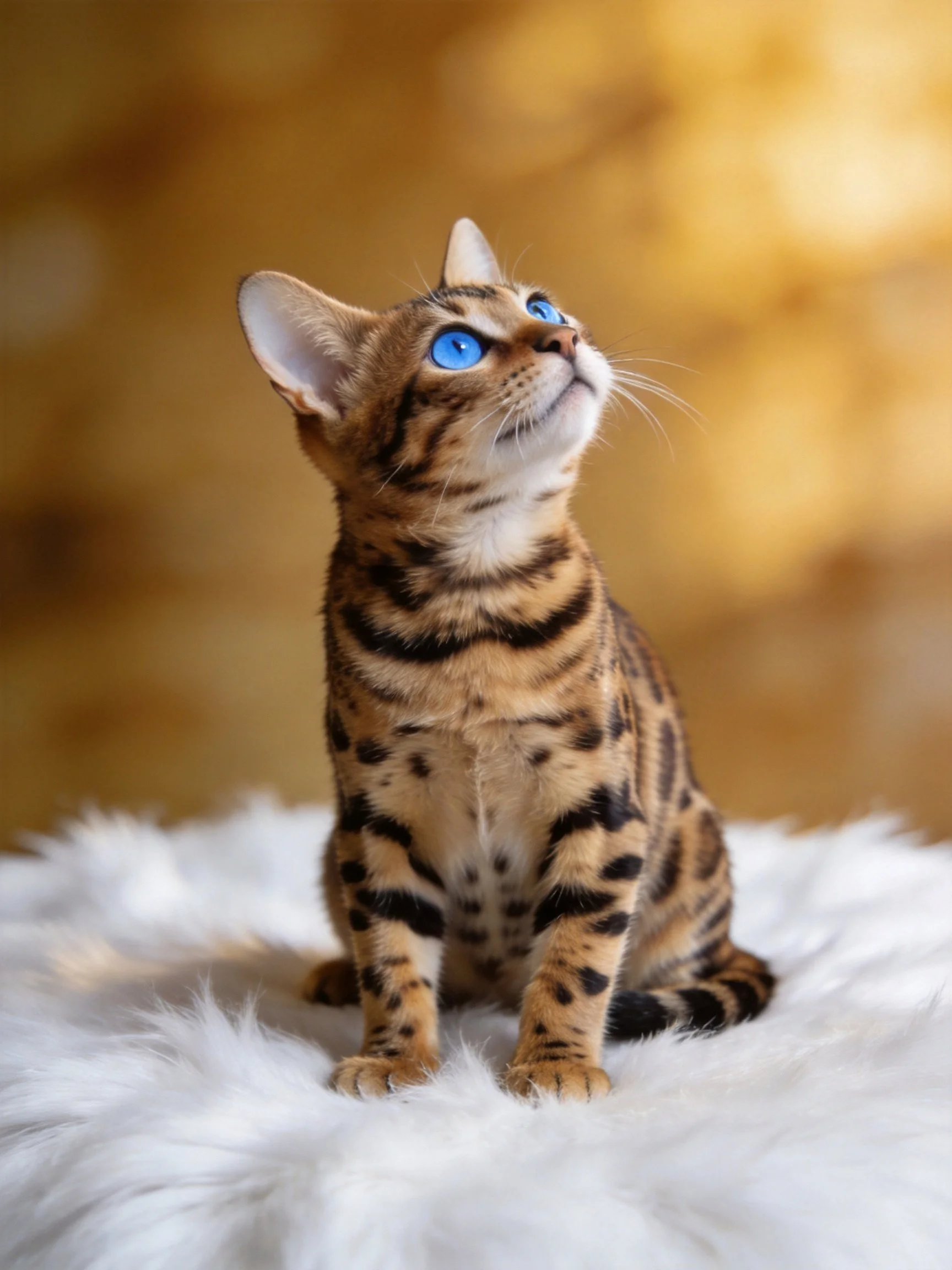 A Bengal kitten with blue eyes sits on a white fur surface.