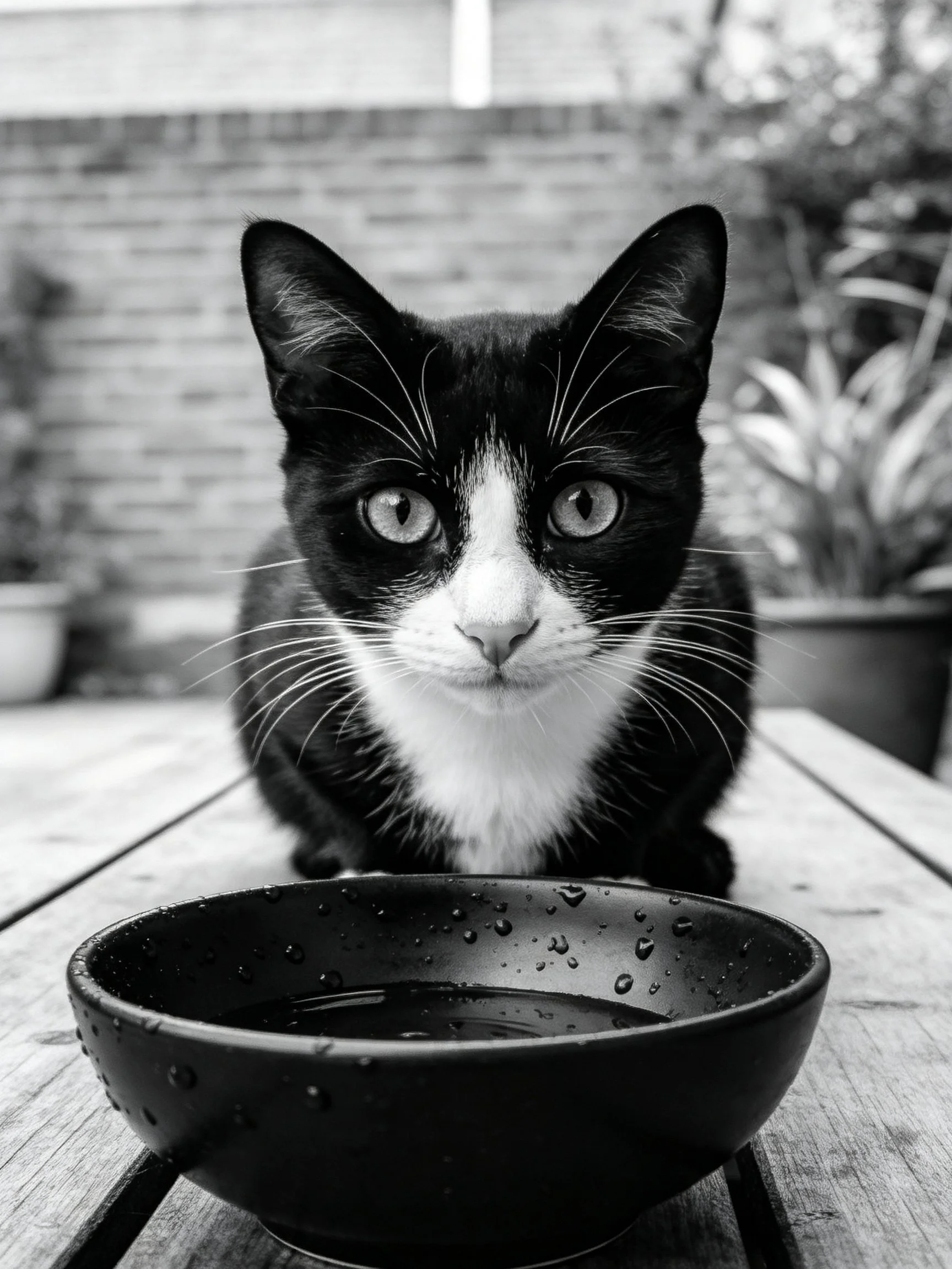 Black and white cat by water bowl on wooden table