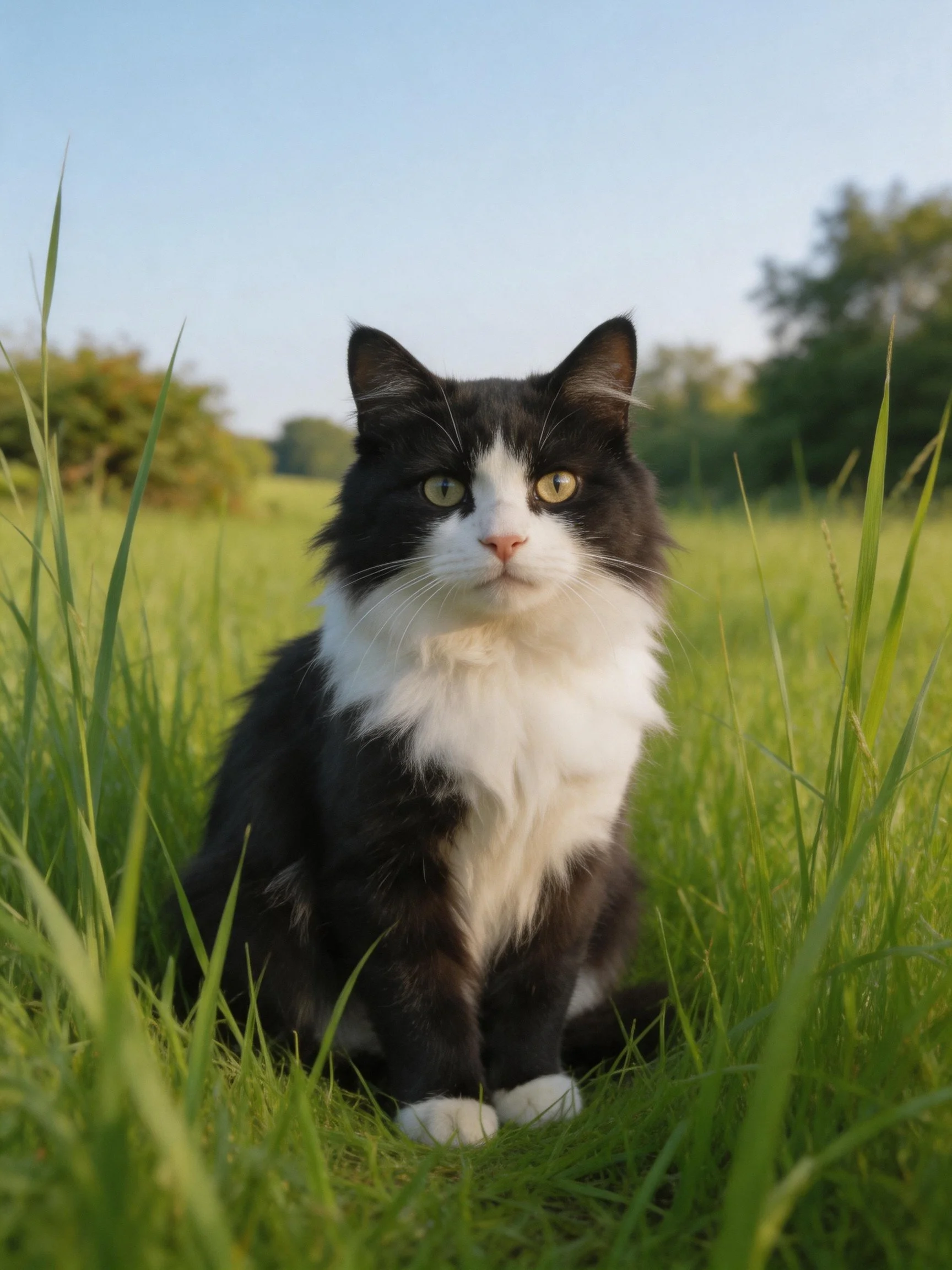 Black-and-white cat in tall green grass field