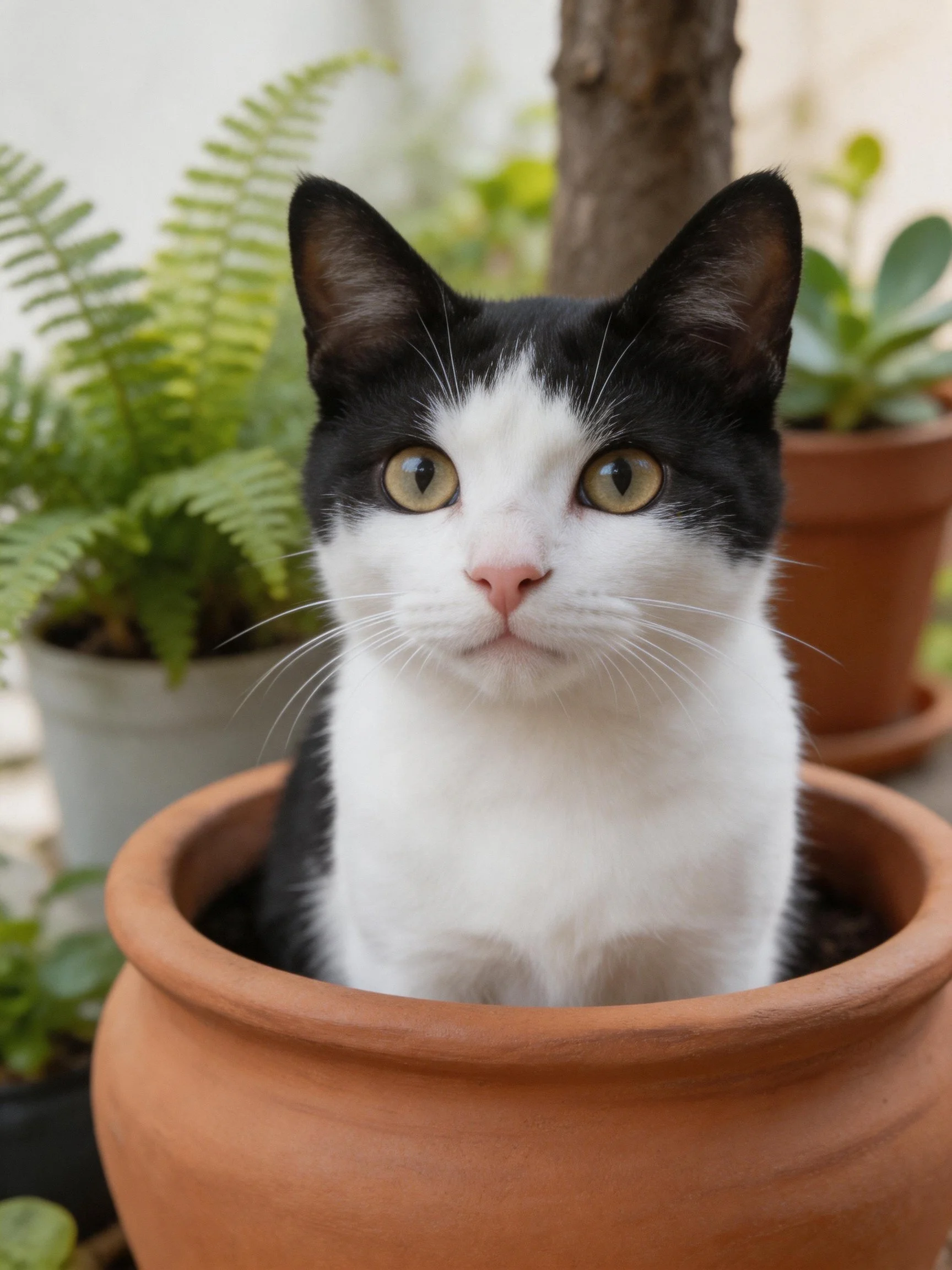 Black - and - white cat in terracotta pot with potted plants