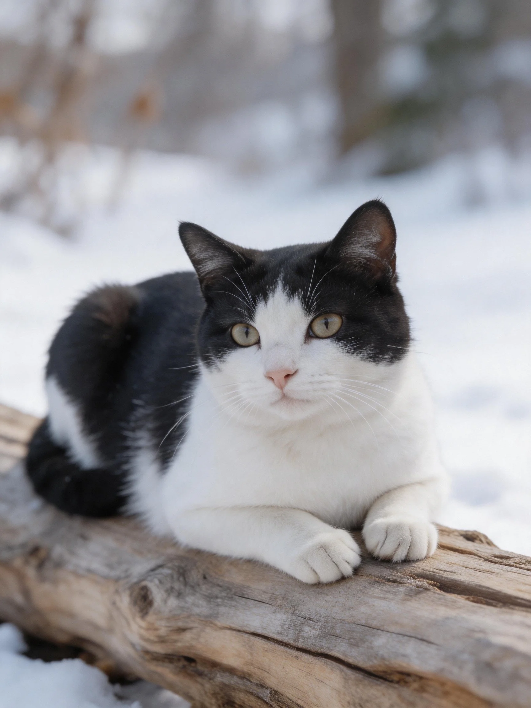 Black and white cat lounges on weathered log insnowy setting