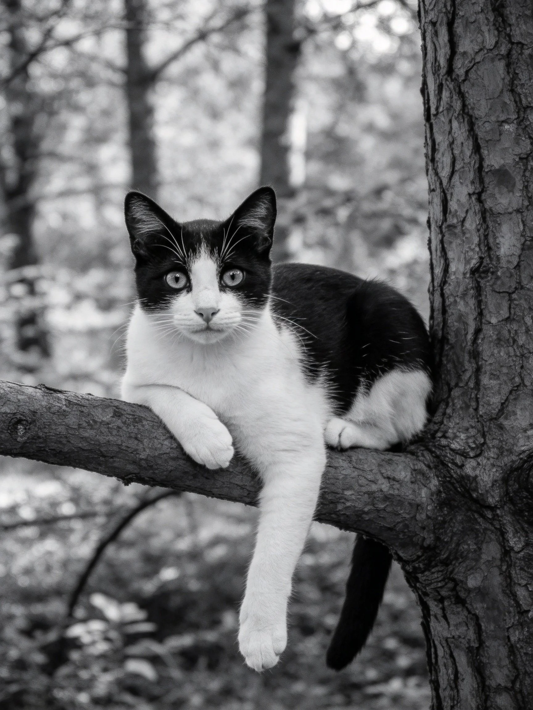Black and white cat lounging on a tree branch amid forest backdrop