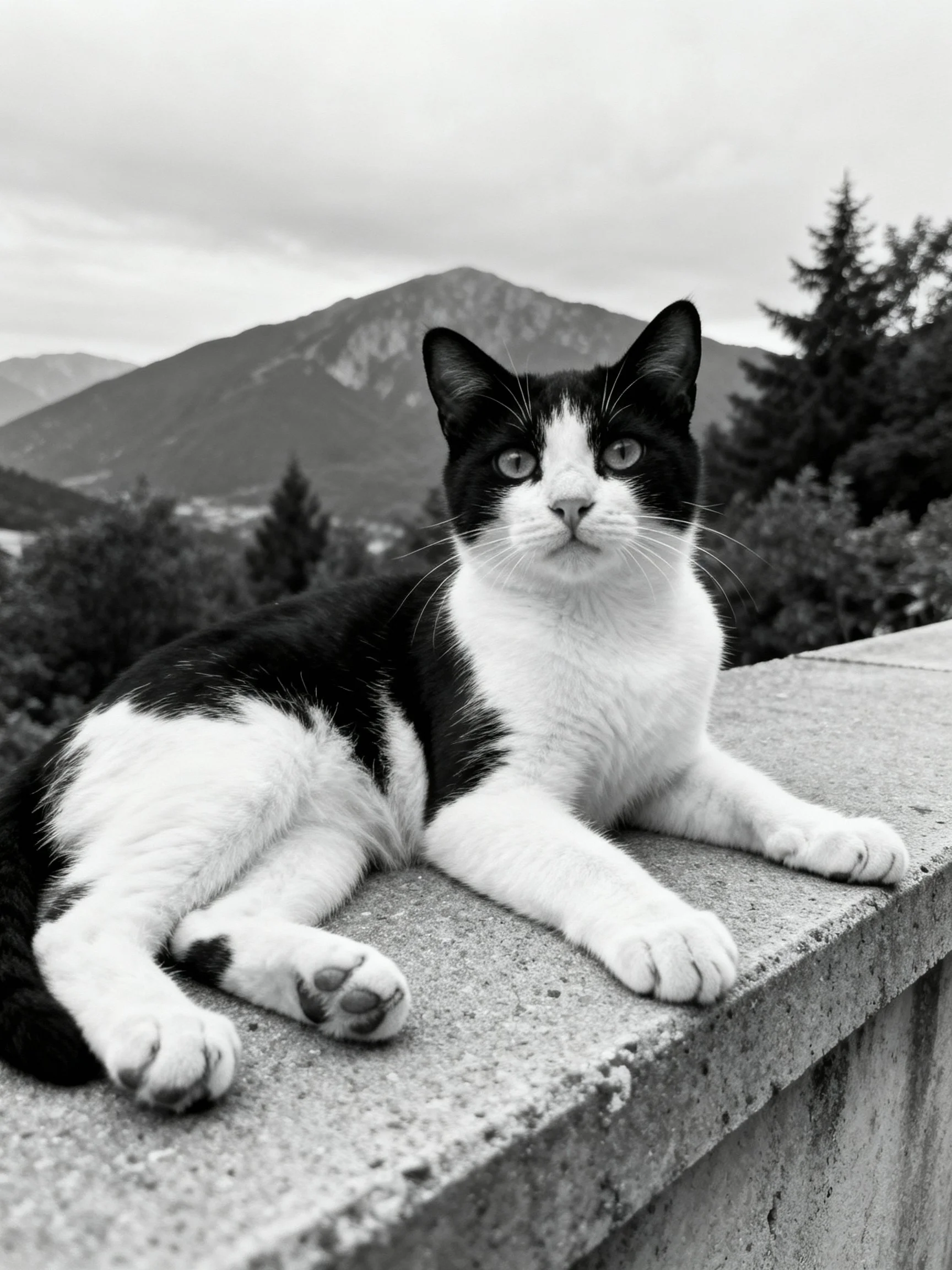 Black and white cat lounging on concrete ledge with mountainous backdrop