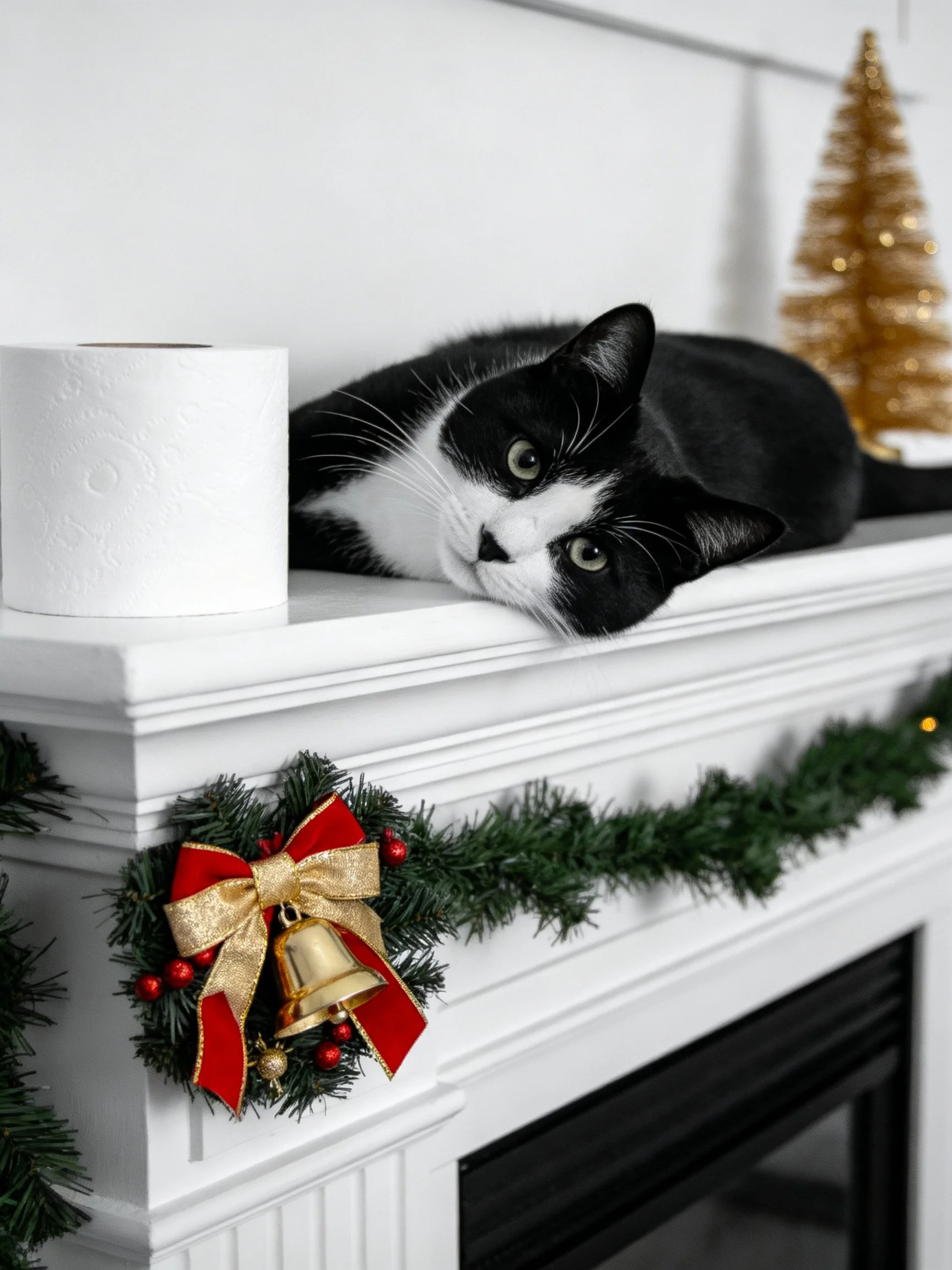 Black and white cat lounging on decorated fireplace mantel beside toilet paper