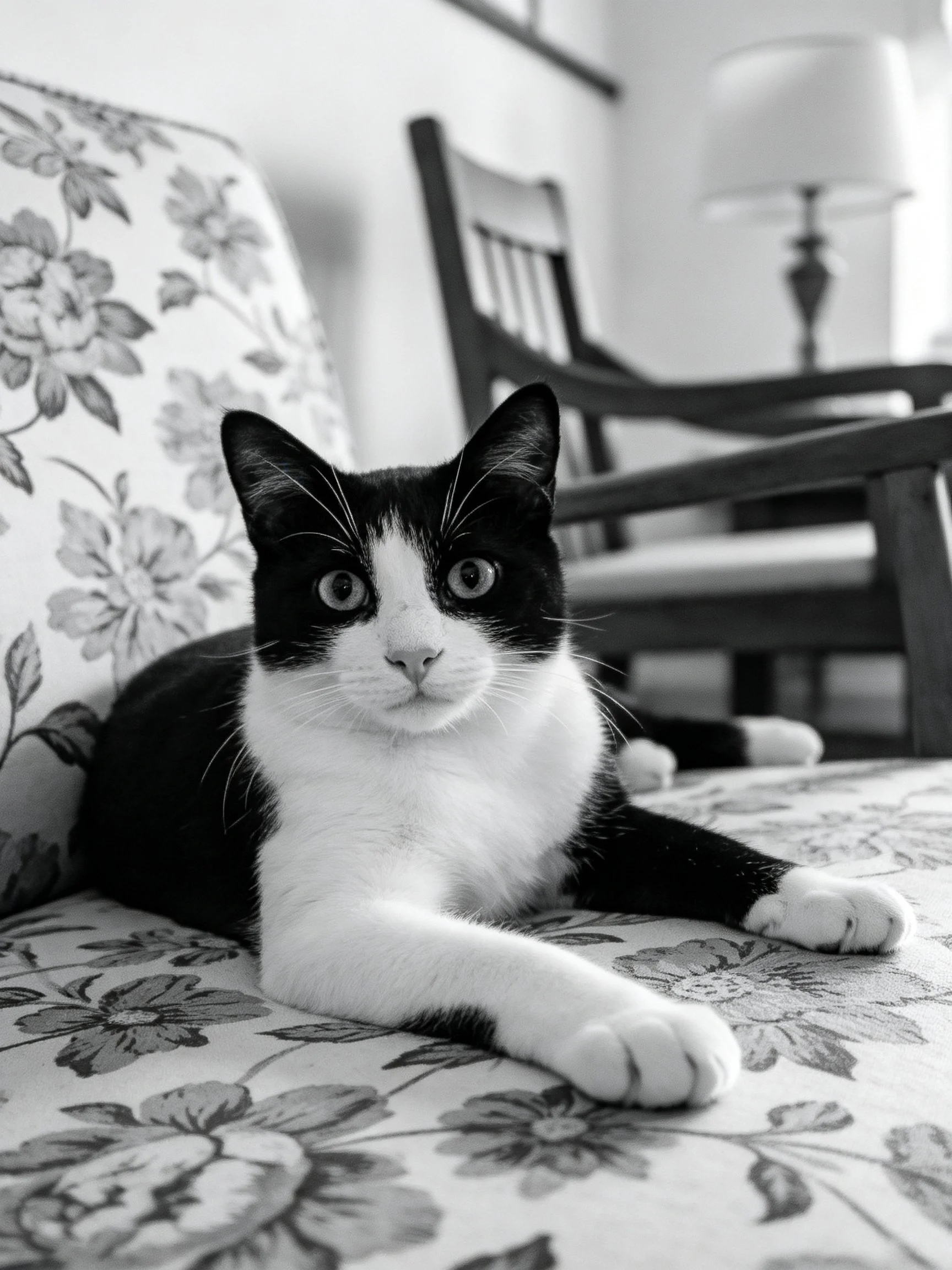 Black and white cat lounging on floral chair