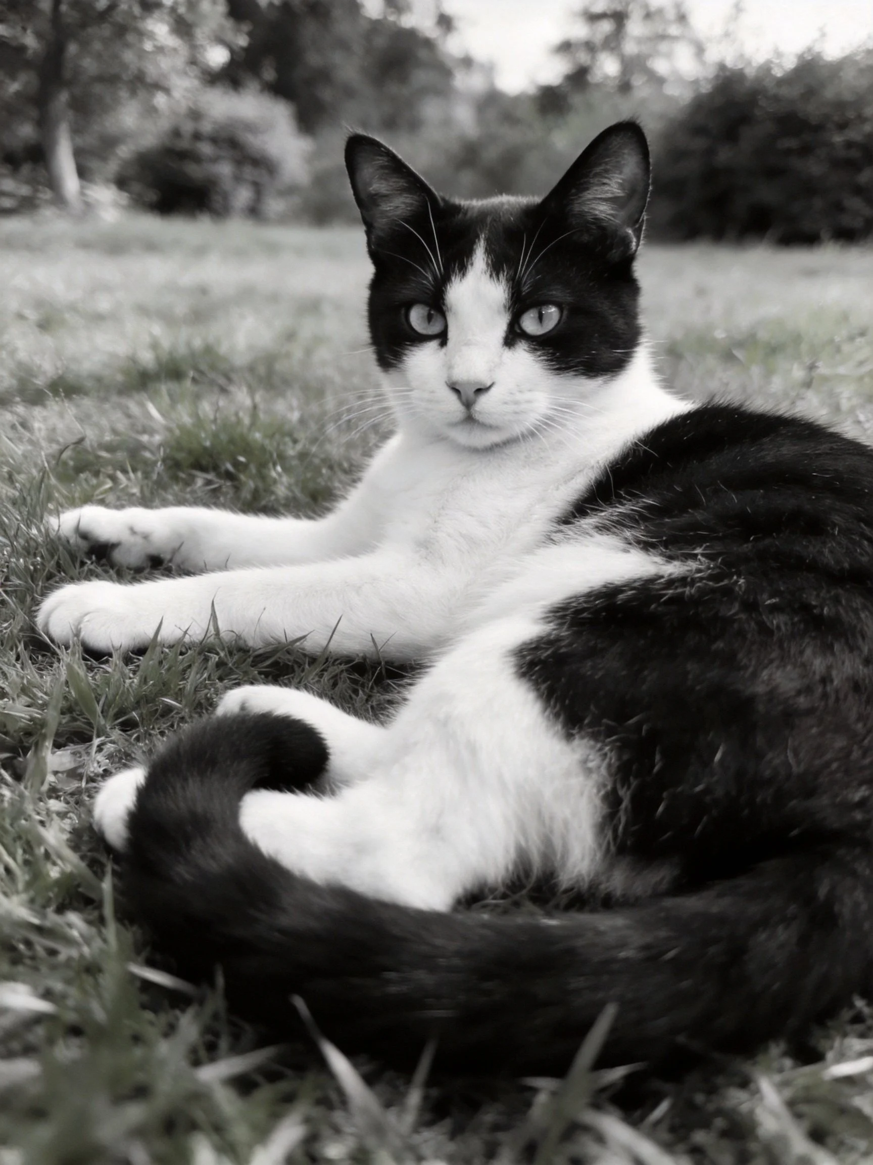Black and white cat lounging on grass in an outdoor area
