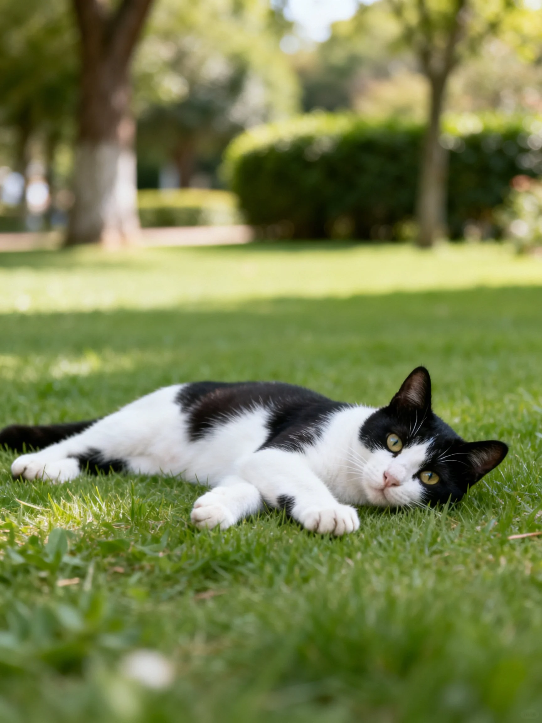 Black and white cat lounging on vibrant grass in a sunlit park
