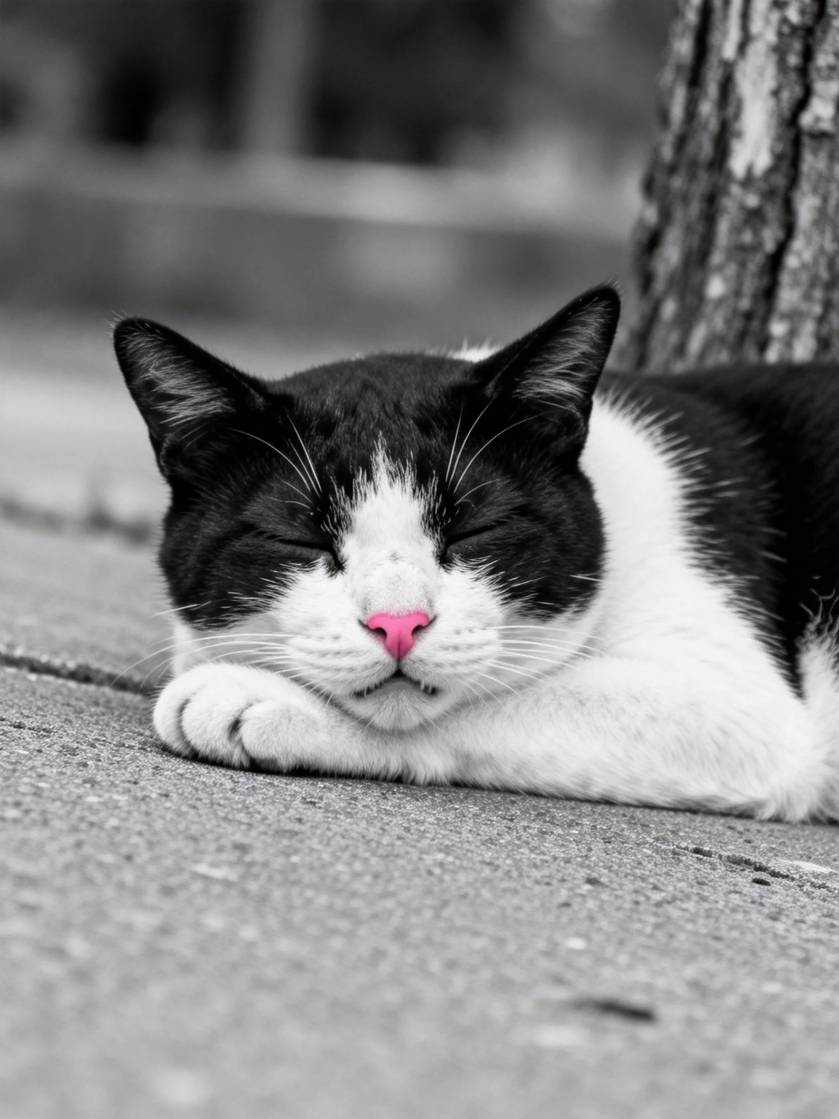 Black and white cat napping by a tree trunk with a pink nose