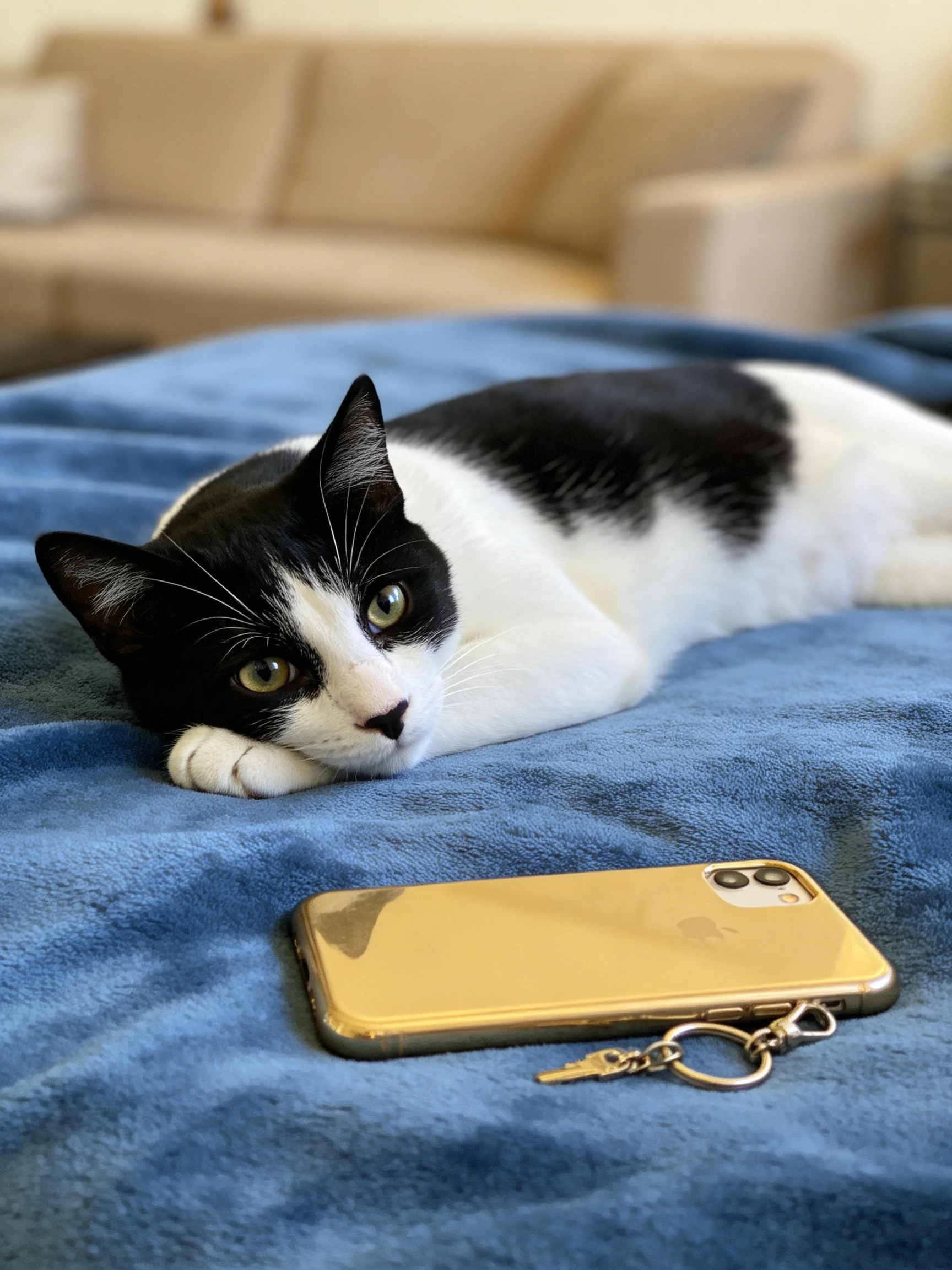 A black - and - white cat rests on a blue blanket beside a gold smartphone.