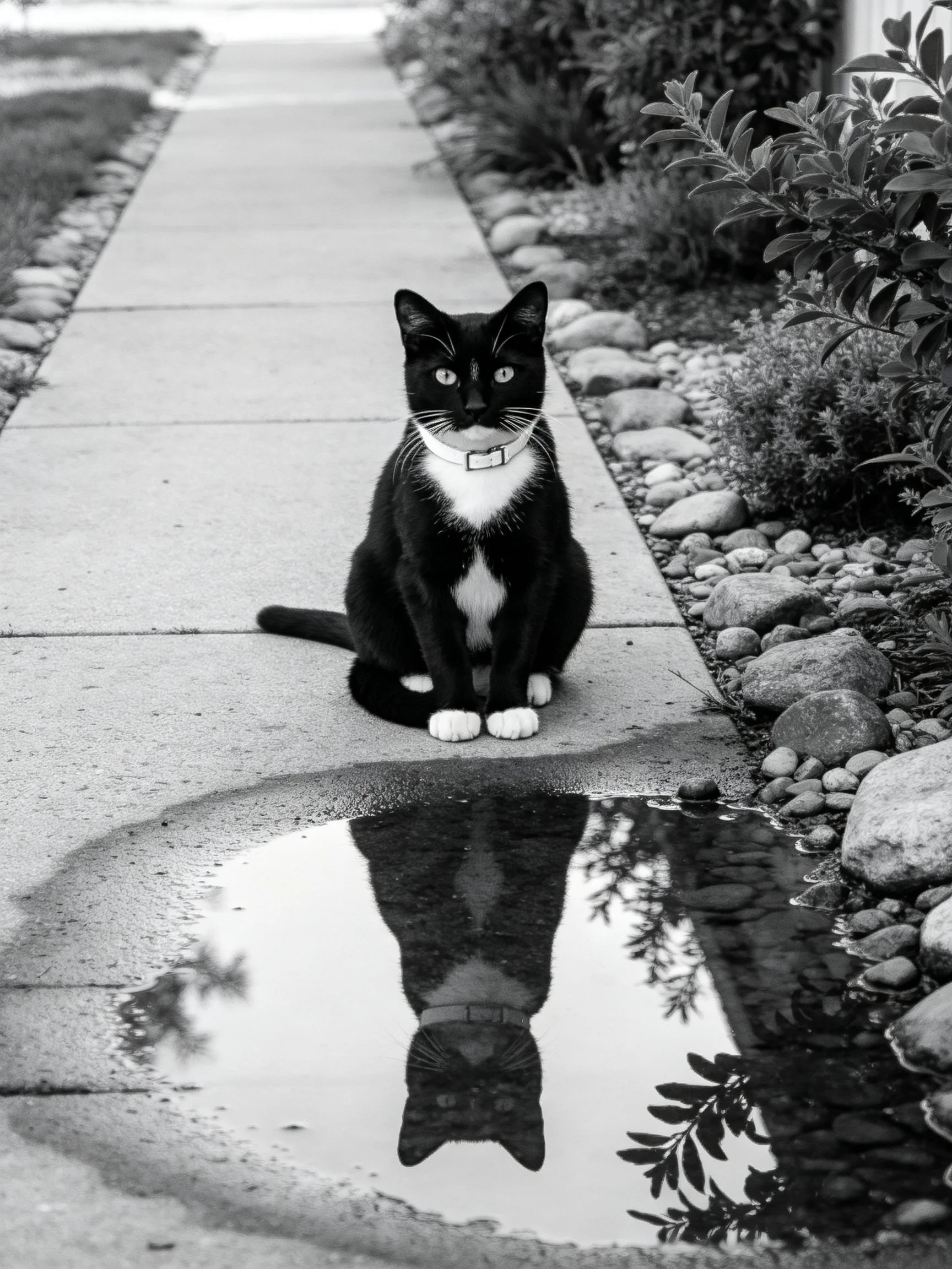 Black and white cat on concrete path with puddle reflection