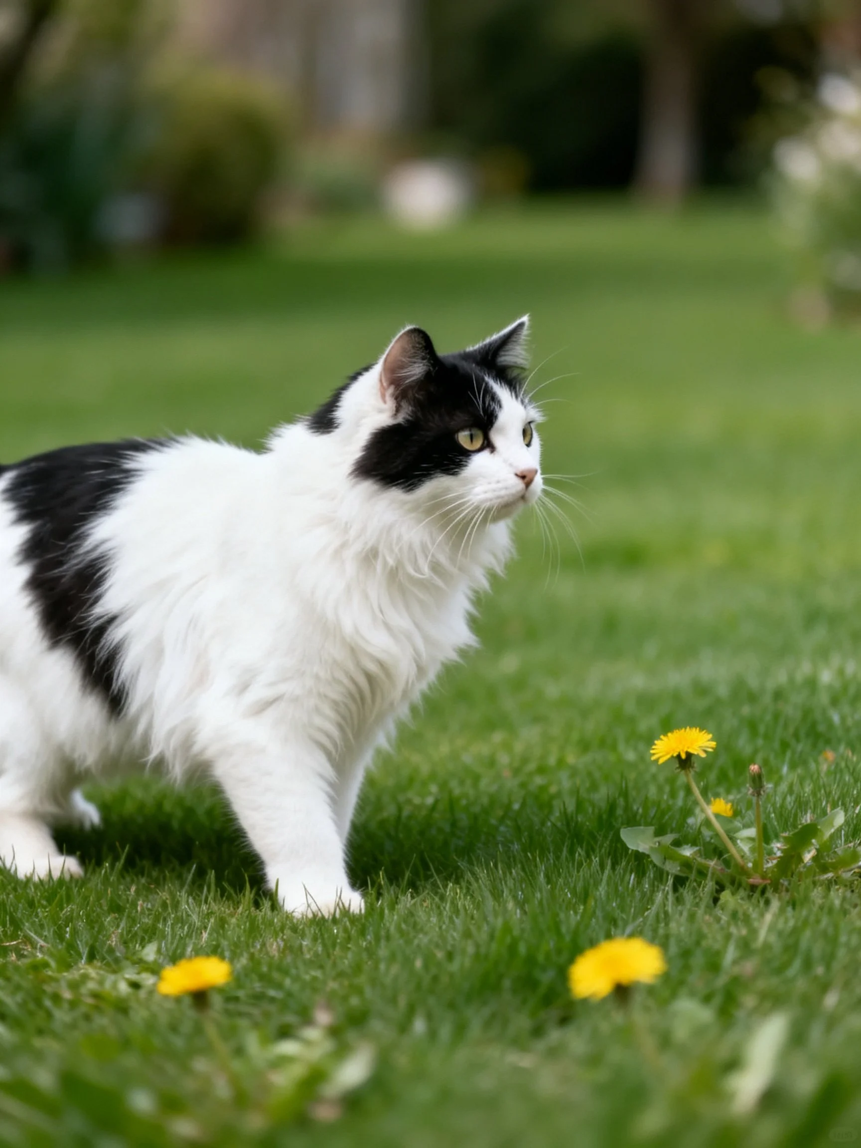 Black - and - white cat on green lawn with yellow flowers
