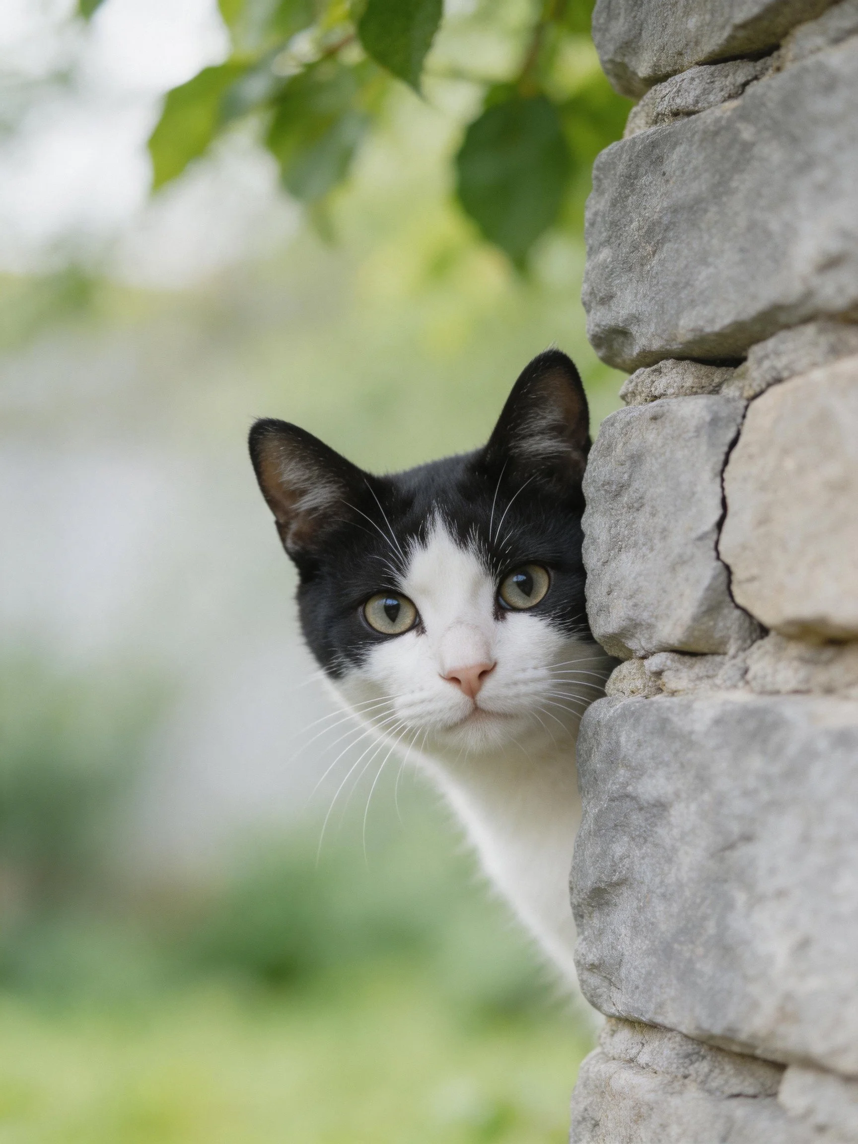 Black - and - white cat peeks from gray stone wall near green foliage