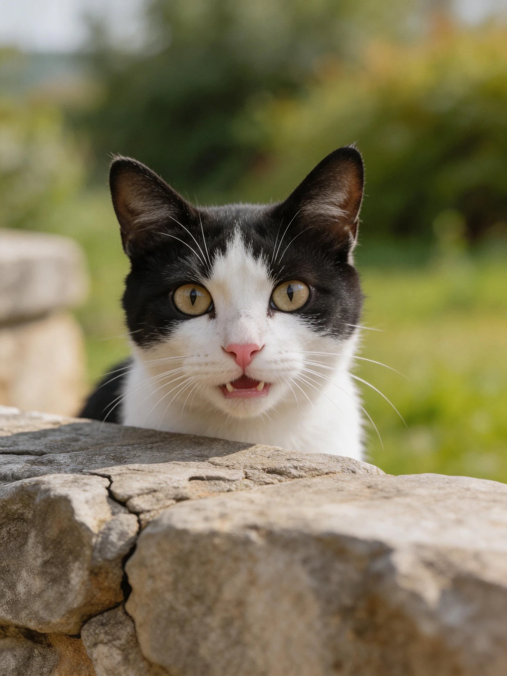 Black and white cat peering over a stone wall in a sunny outdoor setting