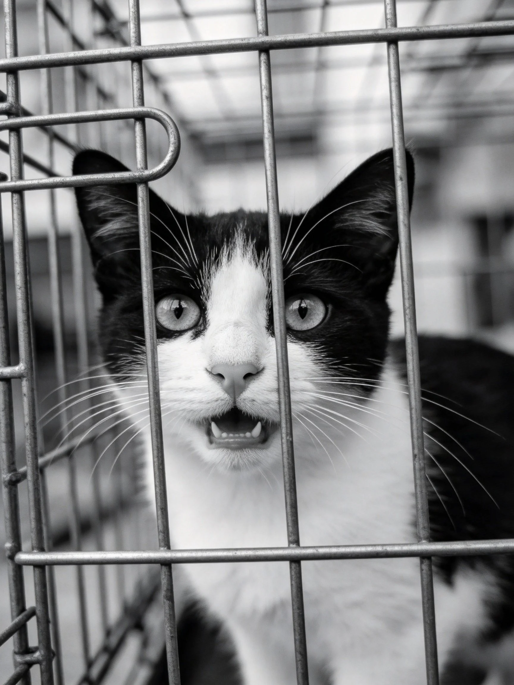 Black and white cat peering through metal cage bars