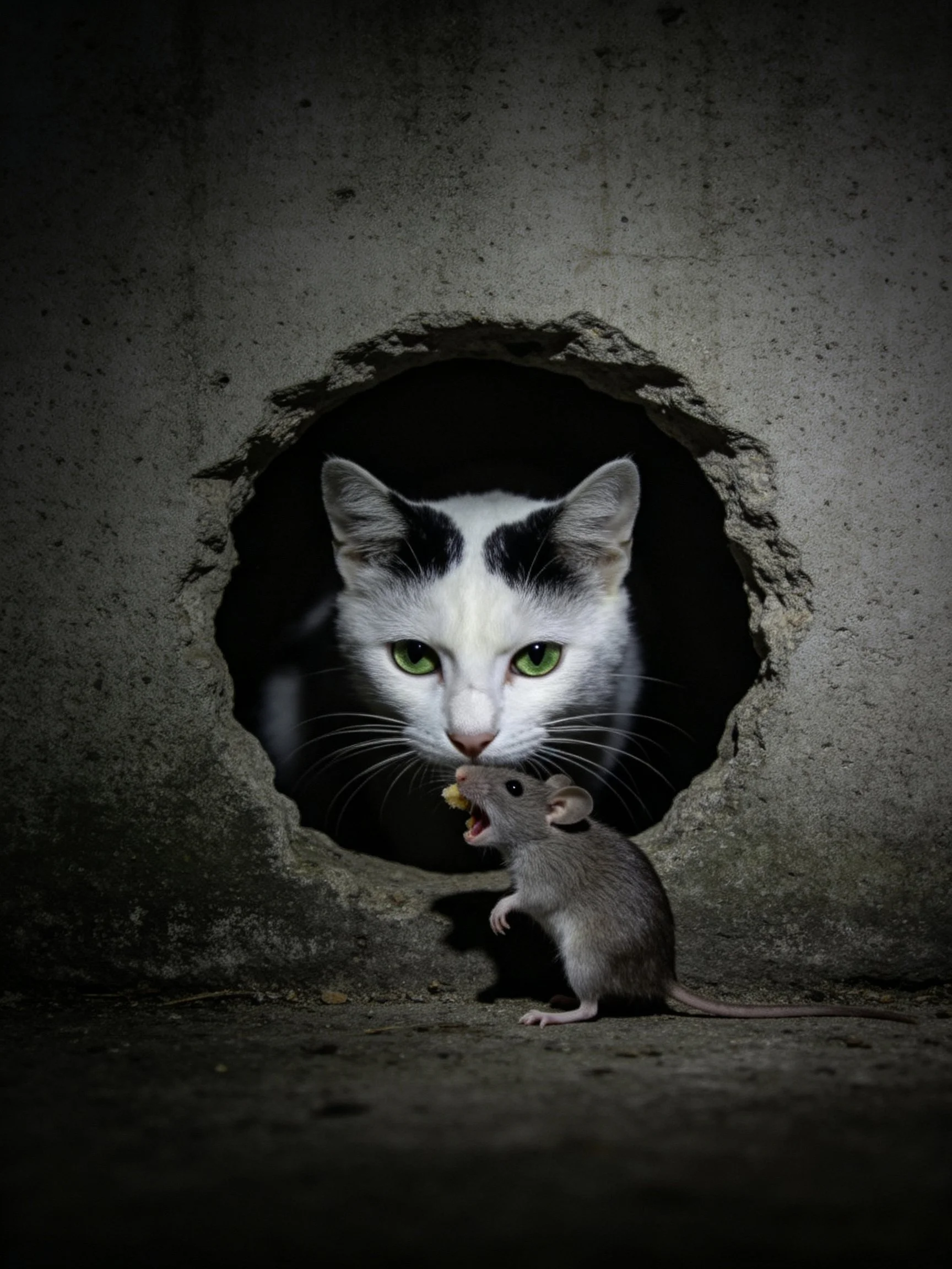 Black - and - white cat peers from concrete hole; gray mouse holds food nearby.