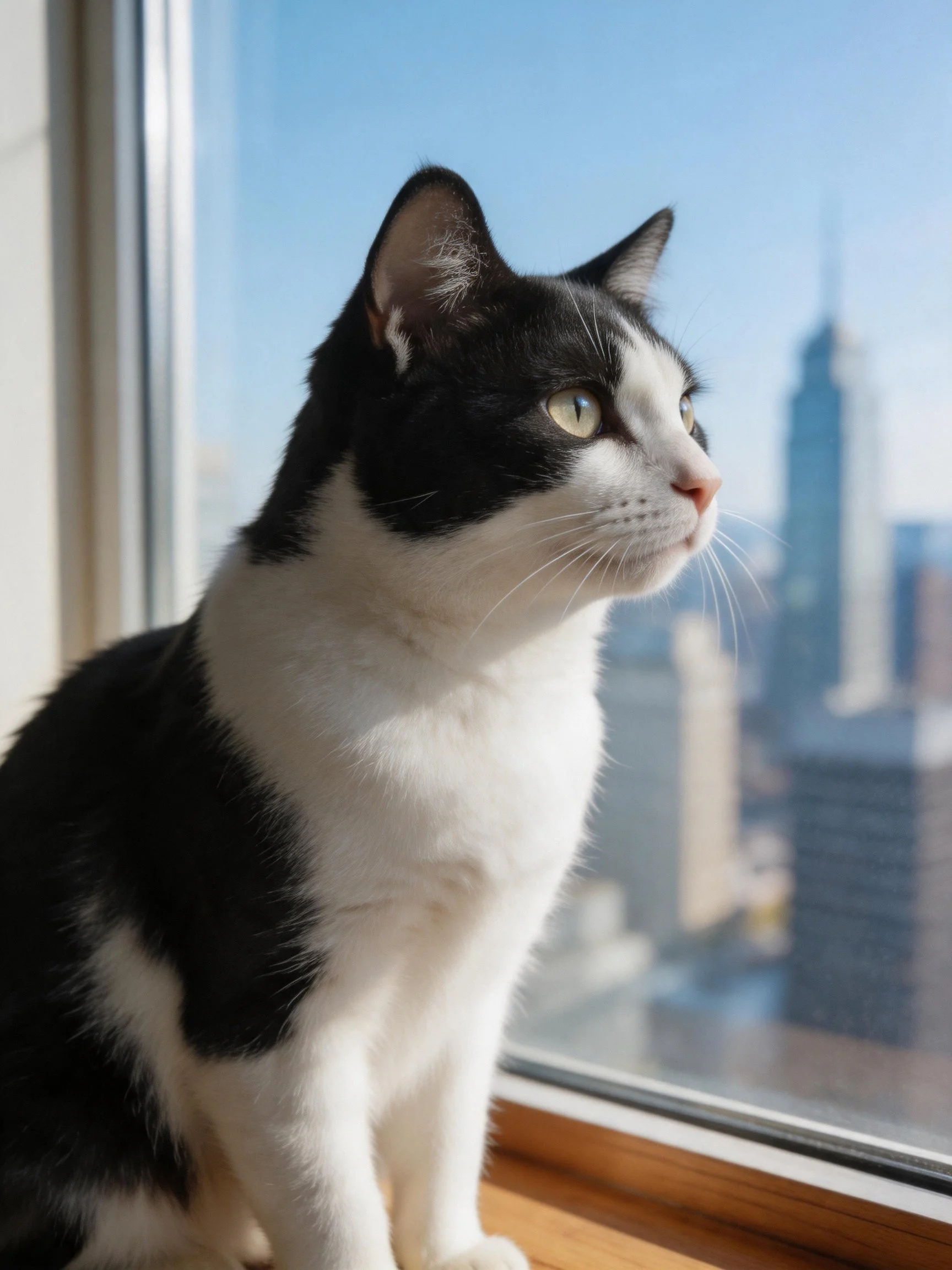 Black and white cat perched by window with city skyline