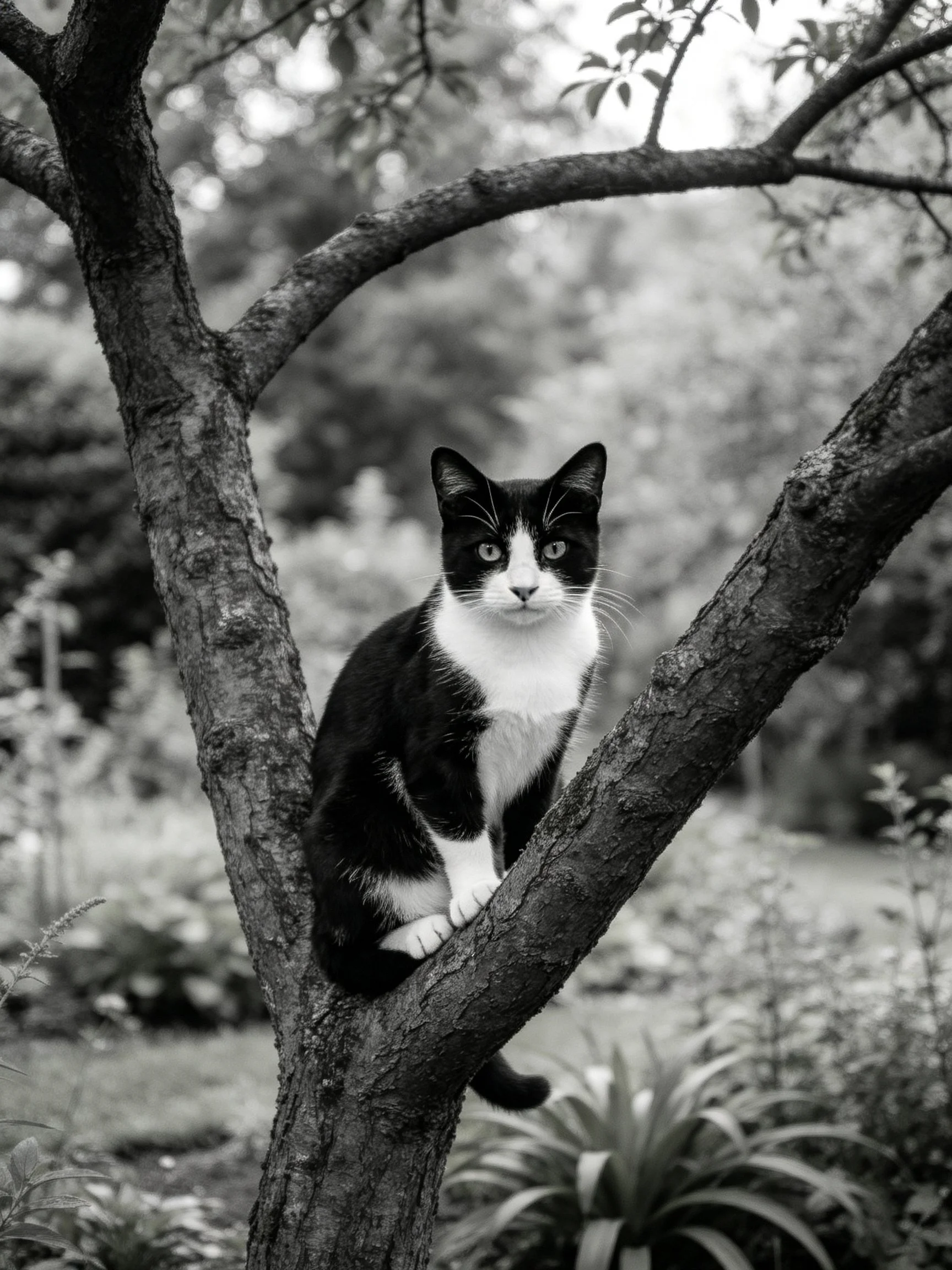 Black and white cat perched on a thick tree branch