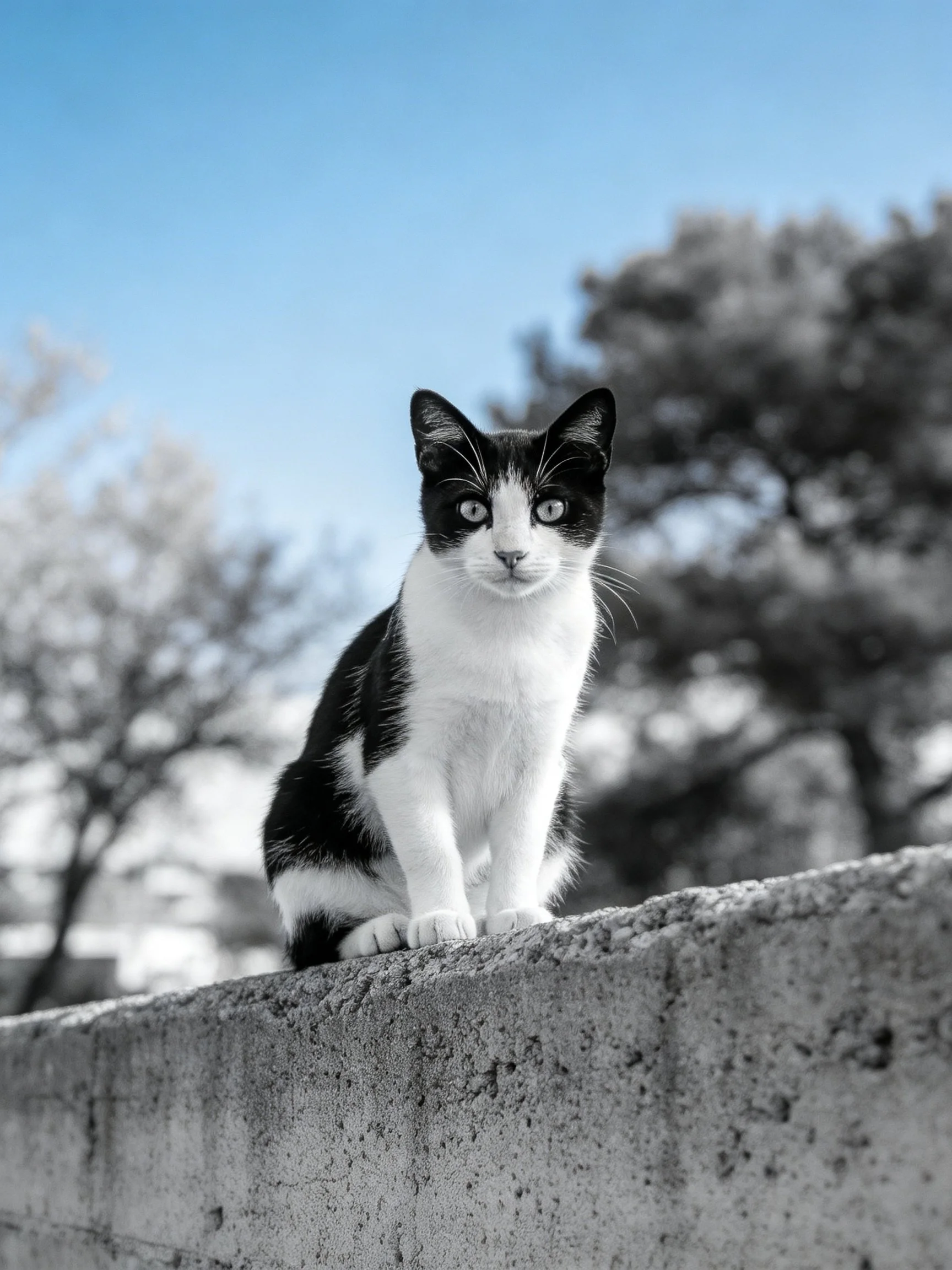 Black and white cat perched on concrete ledge under blue sky with blurred trees