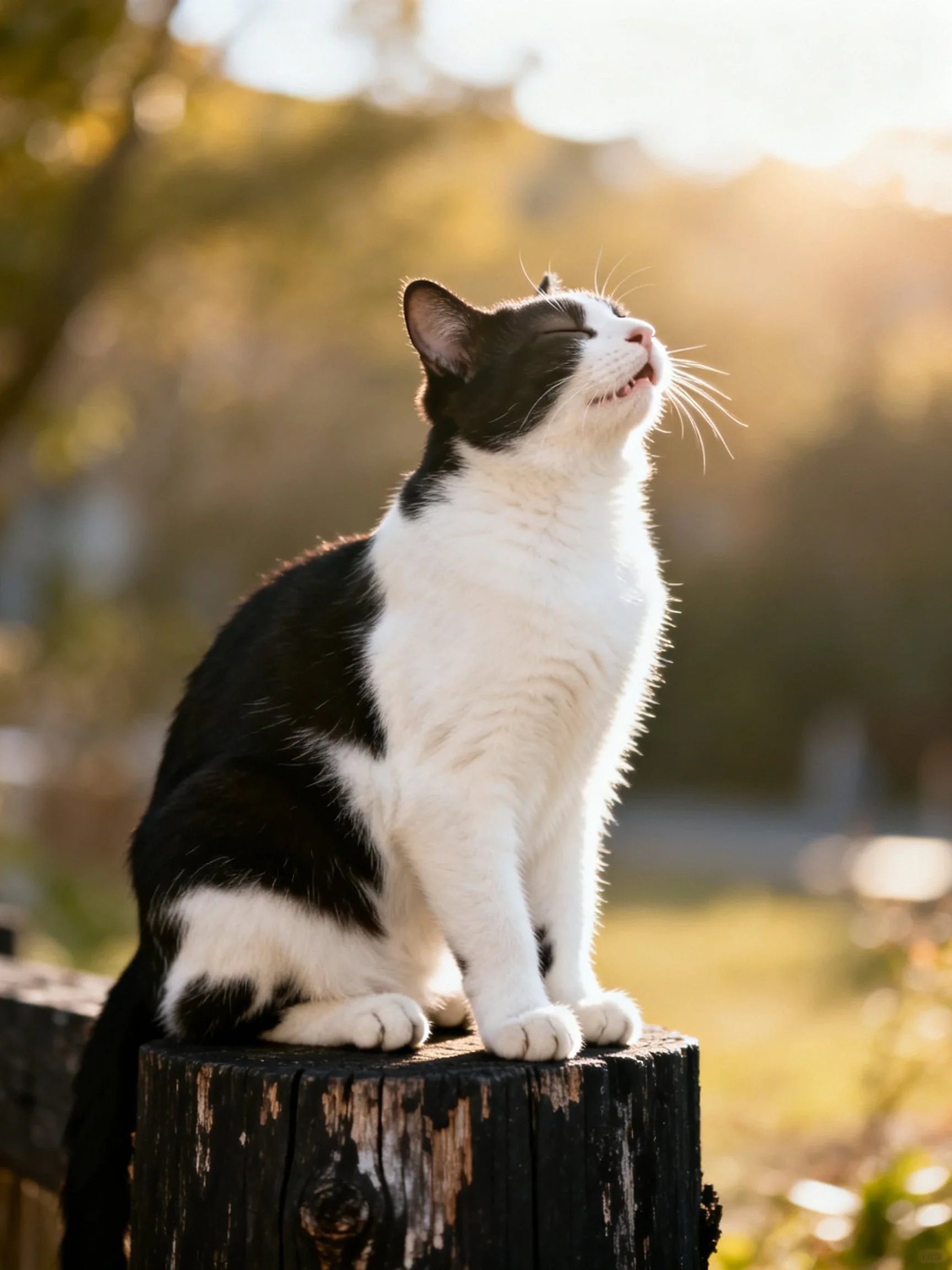 Black and white cat perched on weathered wooden post in golden light