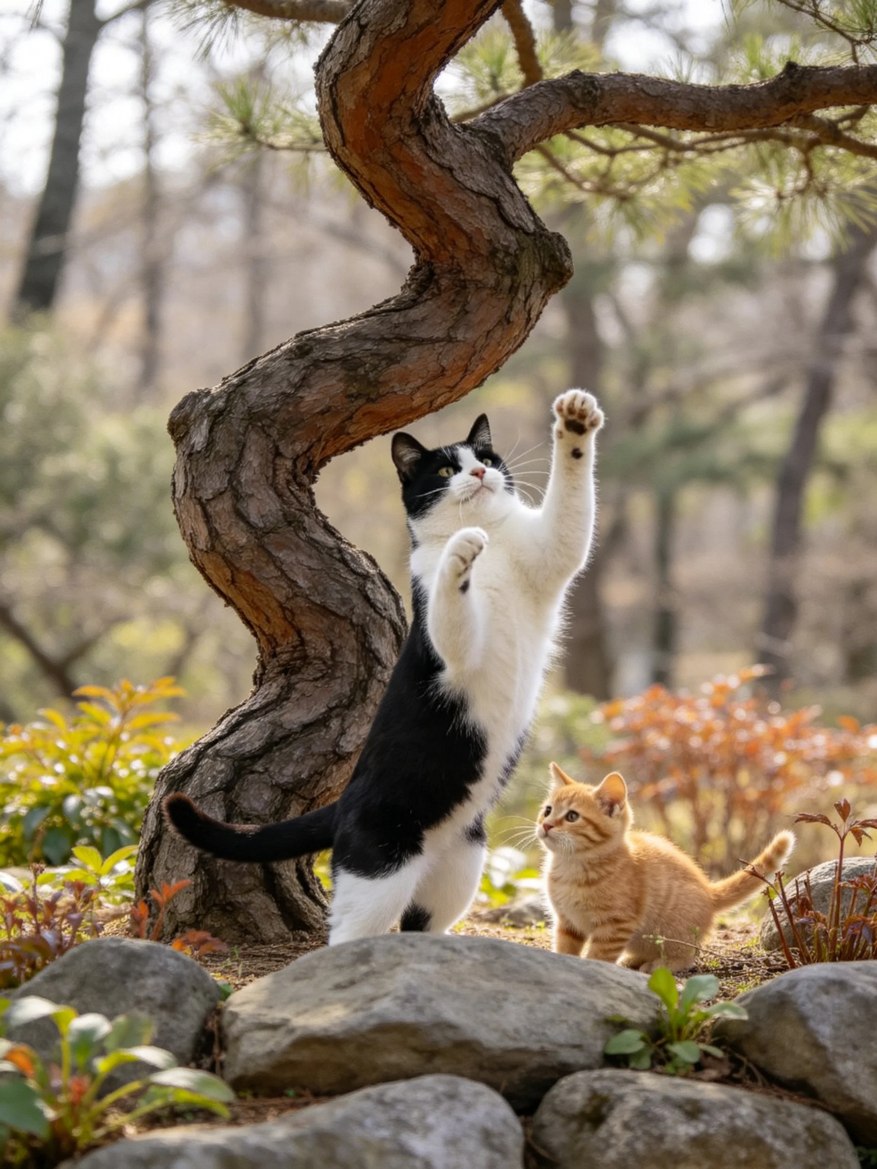 Black-and-white cat reaches for twisted tree near orange kitten