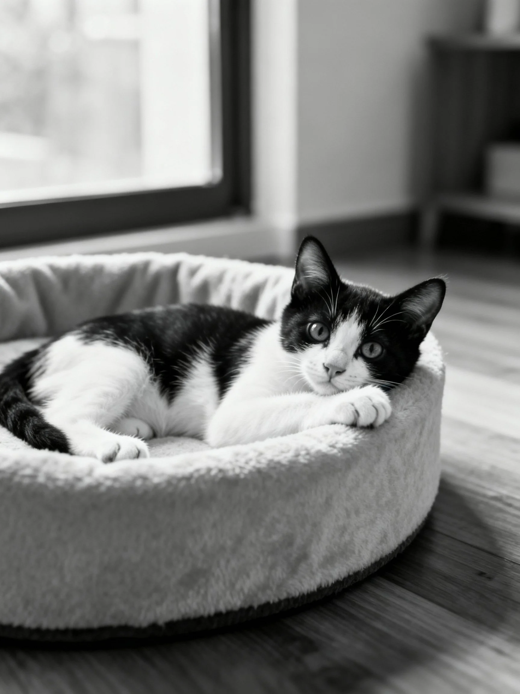 Black and white cat relaxing in a soft pet bed by a window