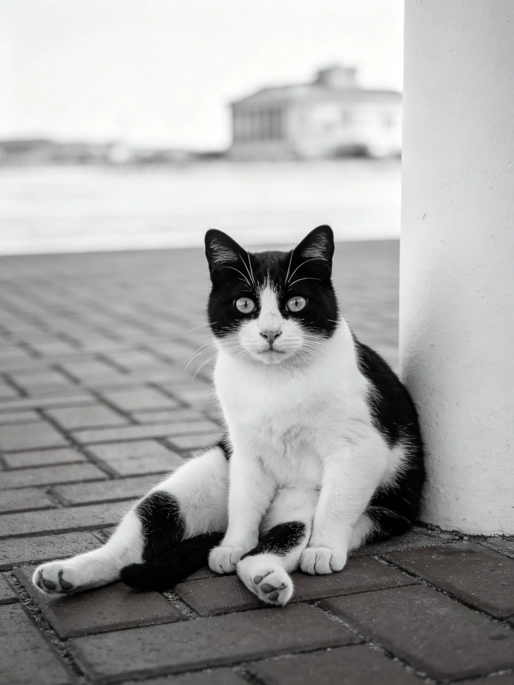 A black and white cat sits calmly by a column on a paved area.