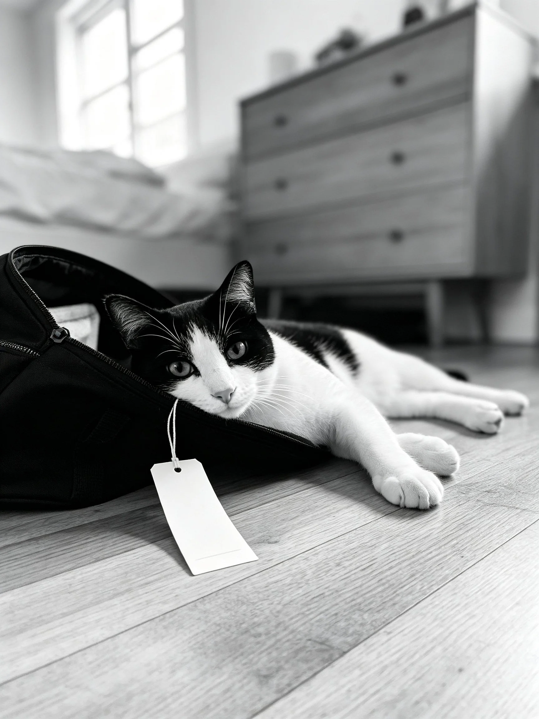 Black and white cat resting near open bag with tag in bedroom
