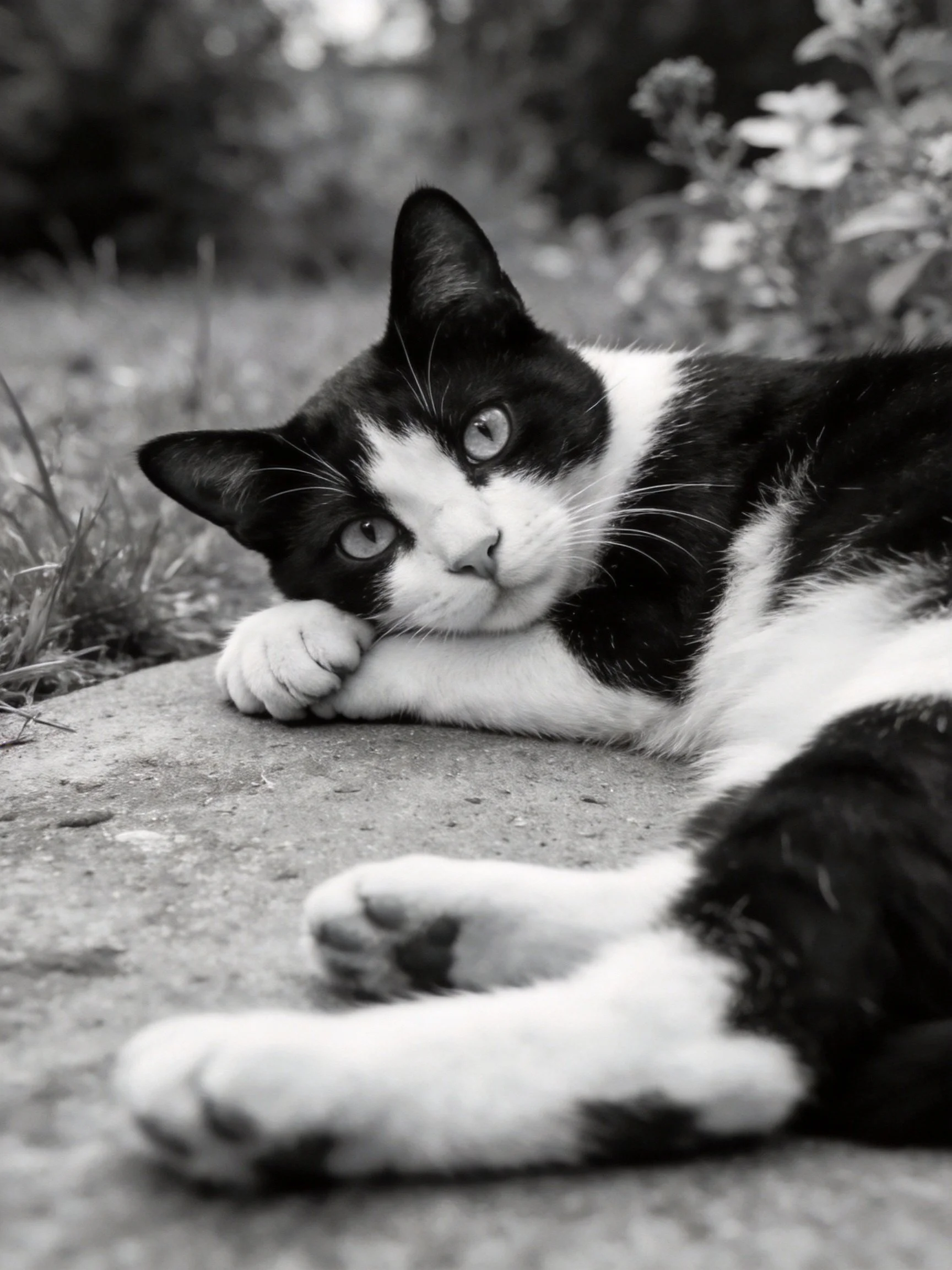 Black and white cat resting on a concrete path near flowers