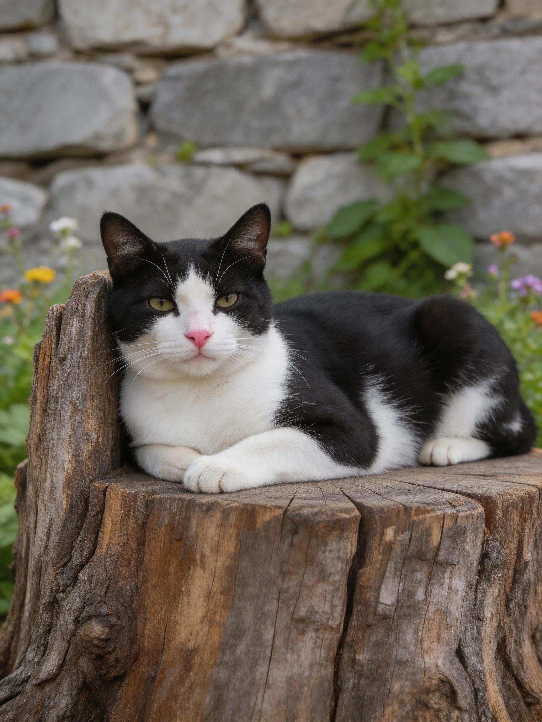 Black and white cat resting on aged tree stump by stone wall