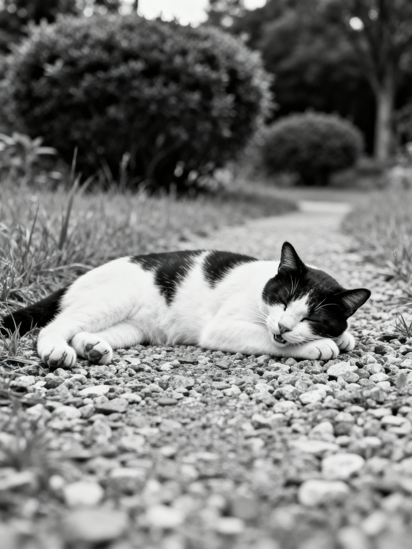 Black and white cat resting on gravel path by shrubs