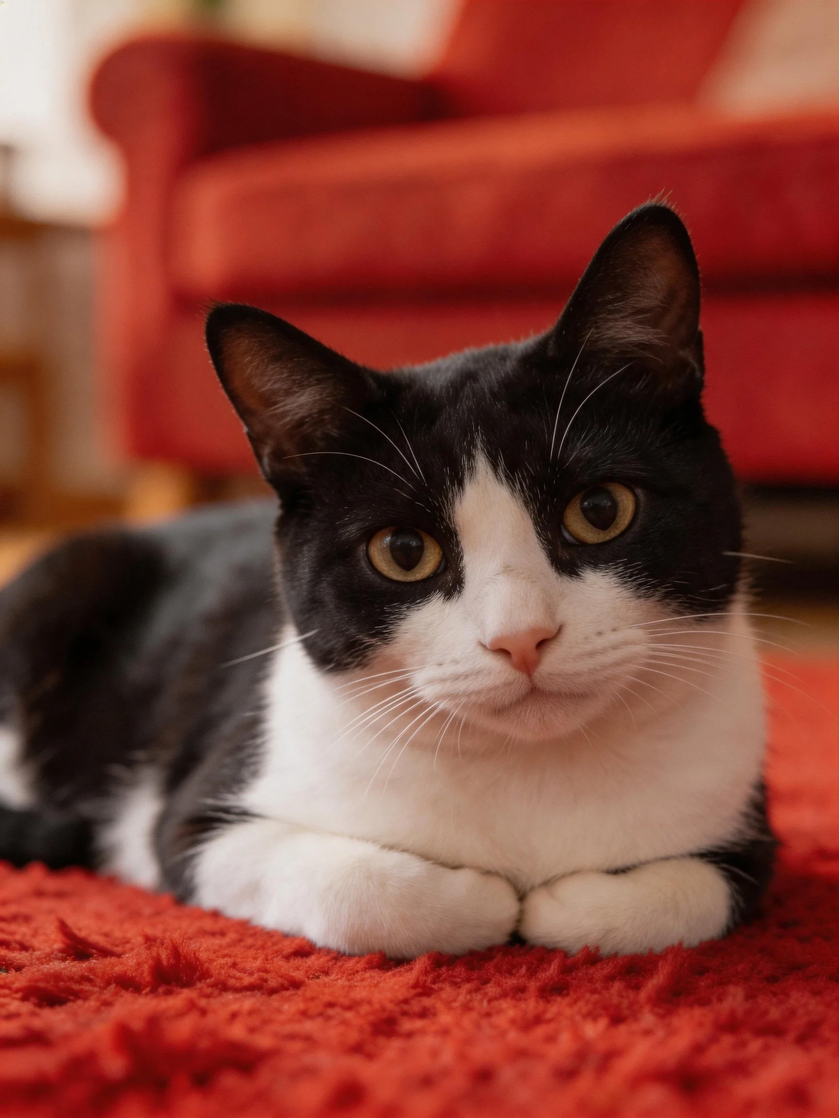 Black and white cat resting on red rug near red sofa