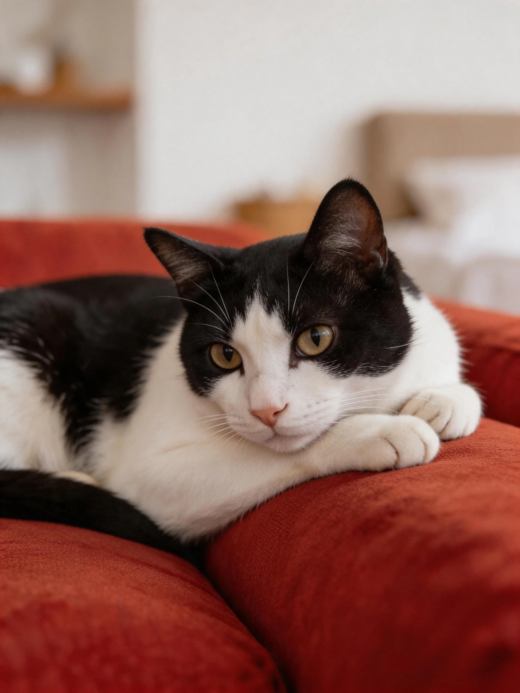 Black and white cat resting on vibrant red couch indoors