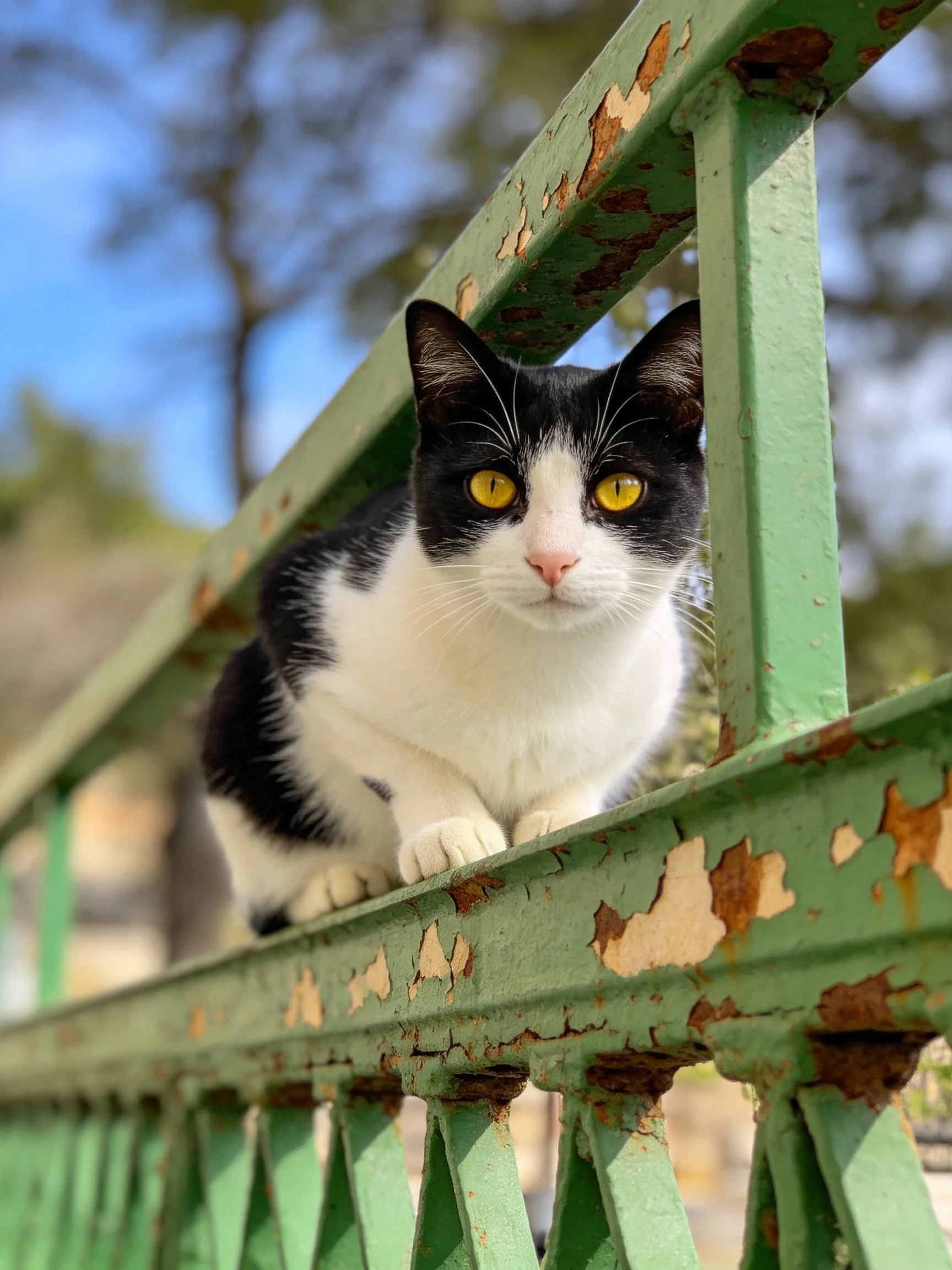 Black - and - white cat resting on weathered green metal railing