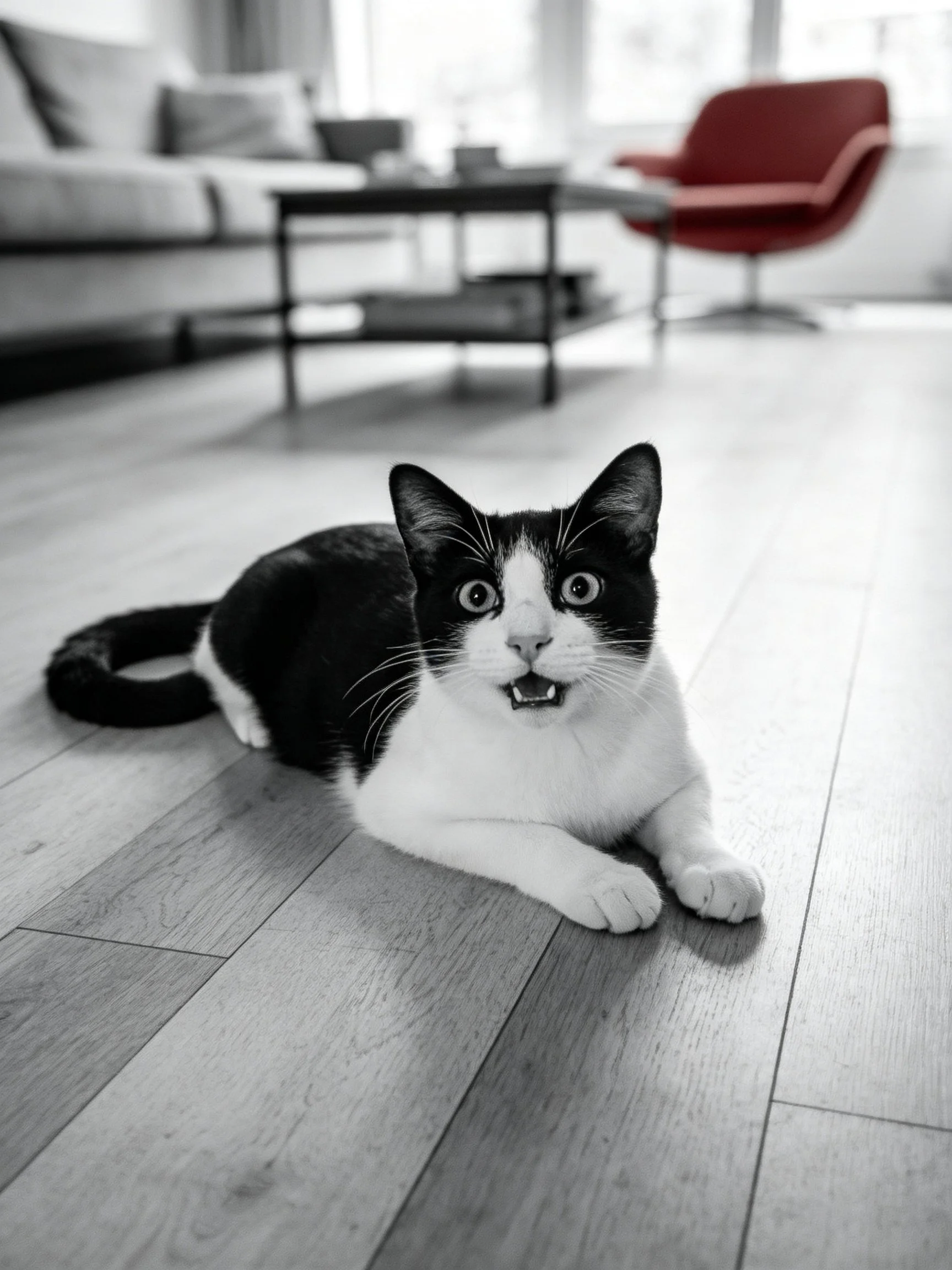 Black and white cat resting on wooden flooring in modern living room