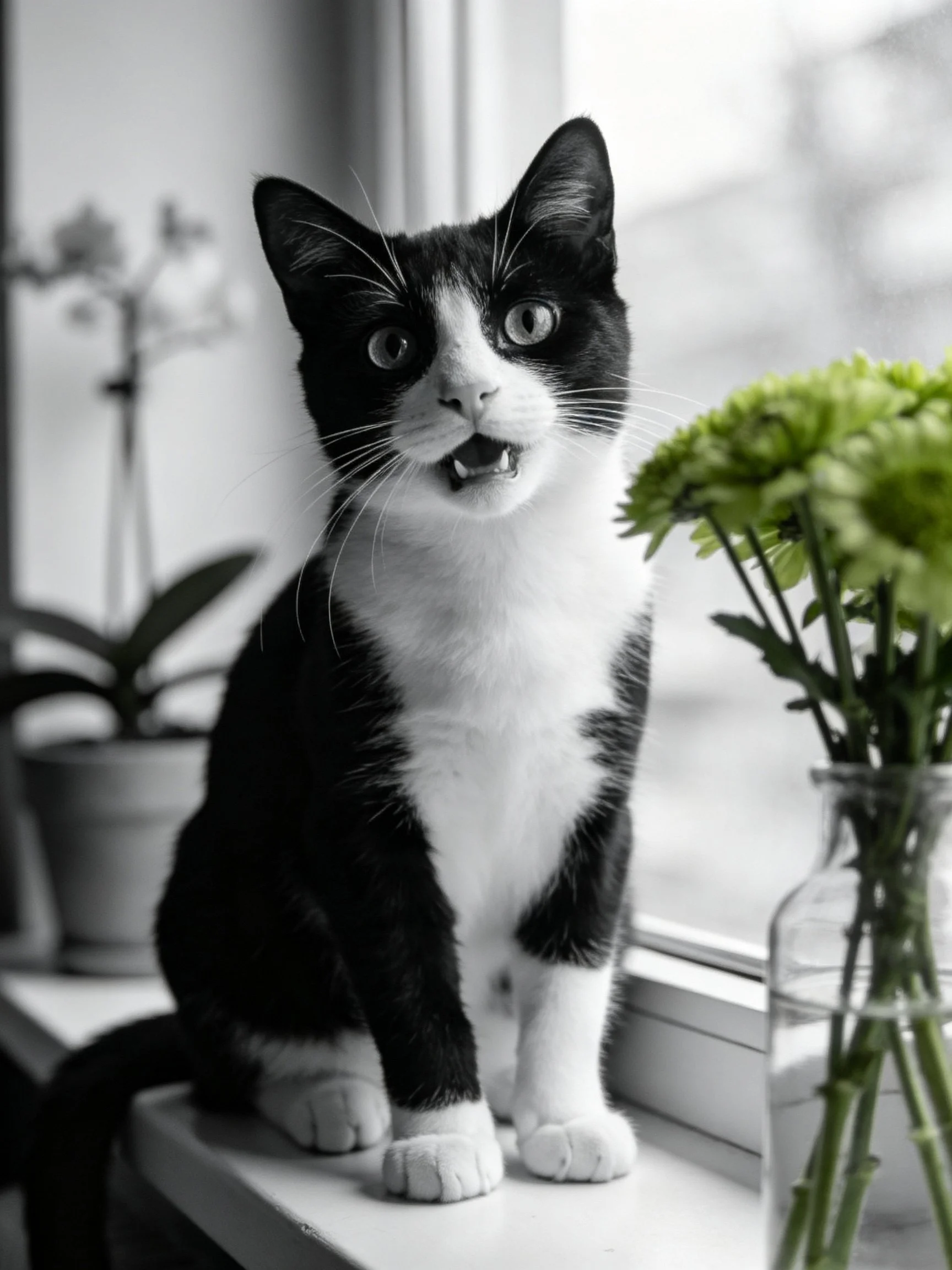 A black - and - white cat sits near green flowers by a window.