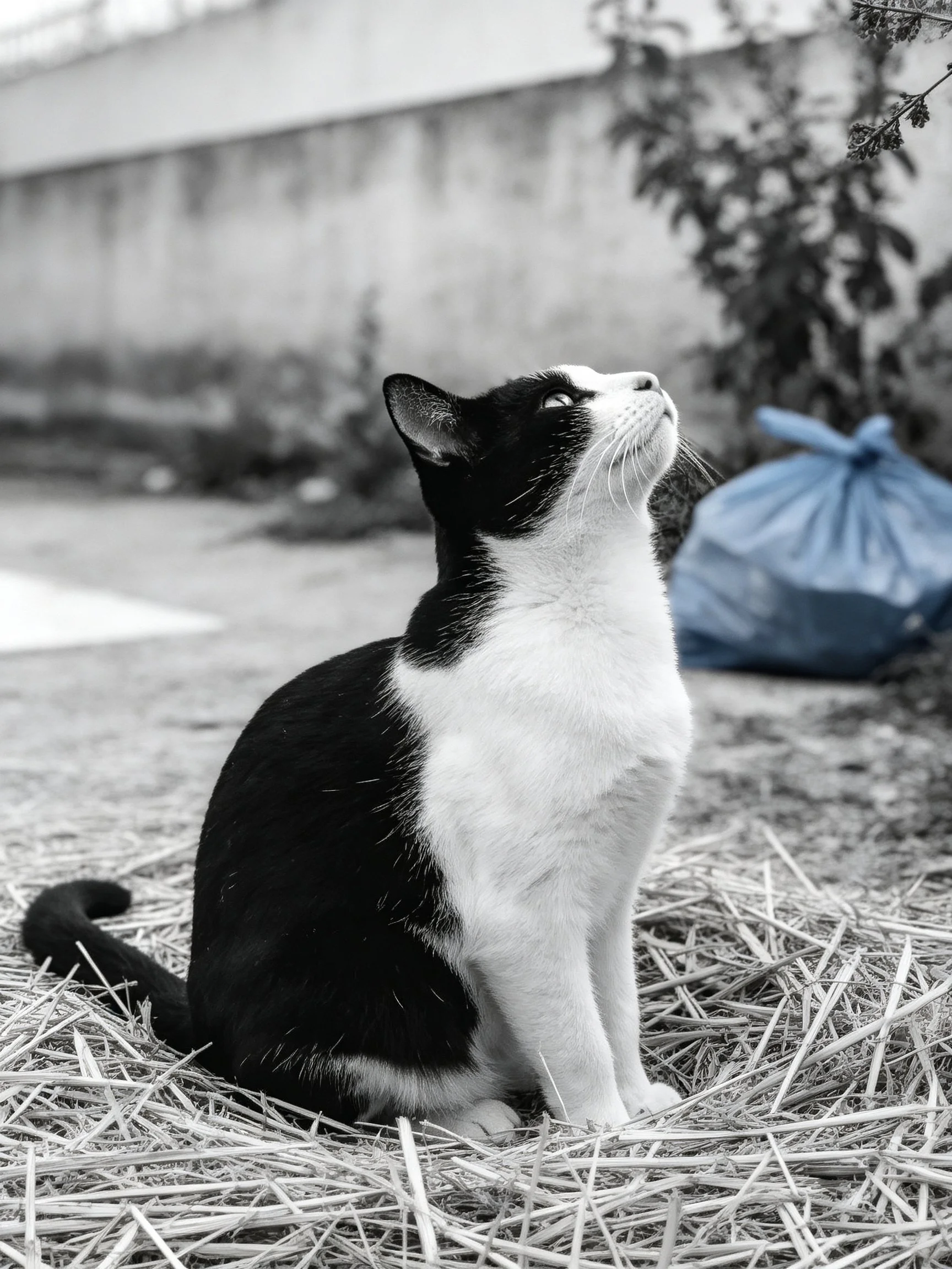 Black and white cat sits on straw near blue bag and wall