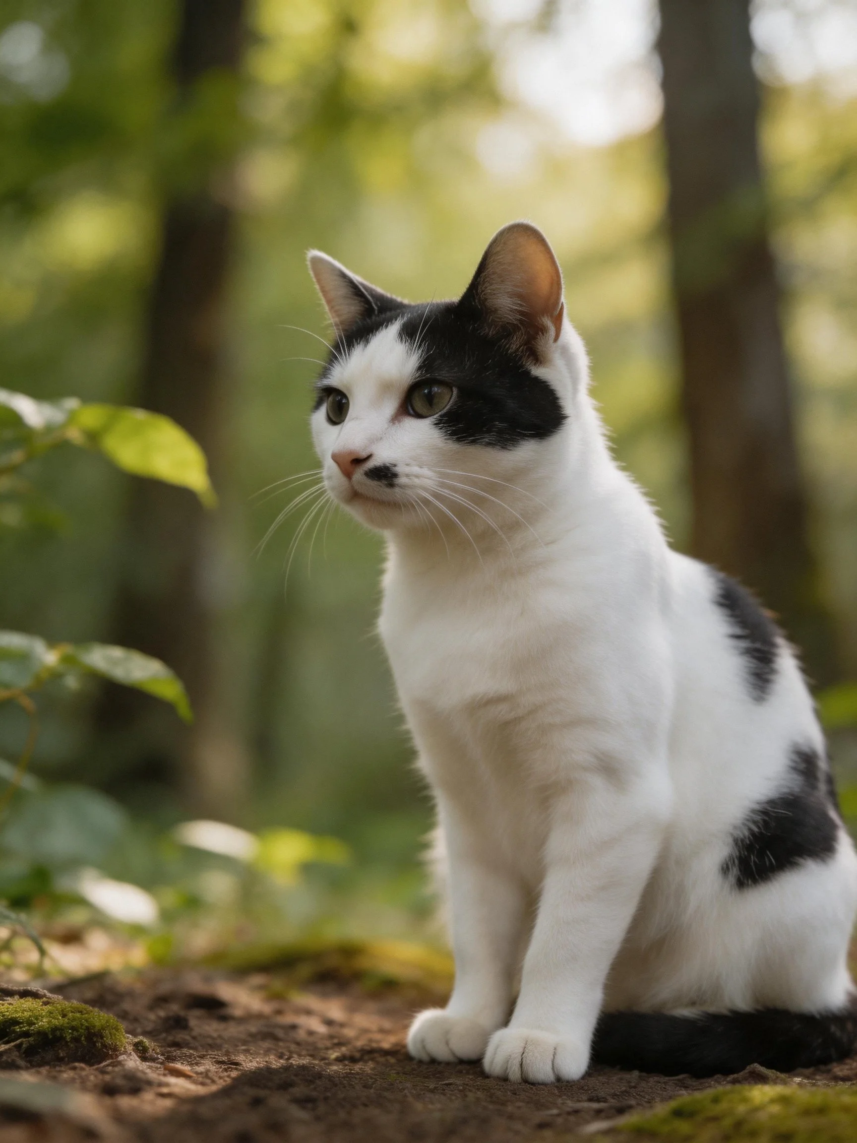 Black and white cat sitting in sunlit forest clearing