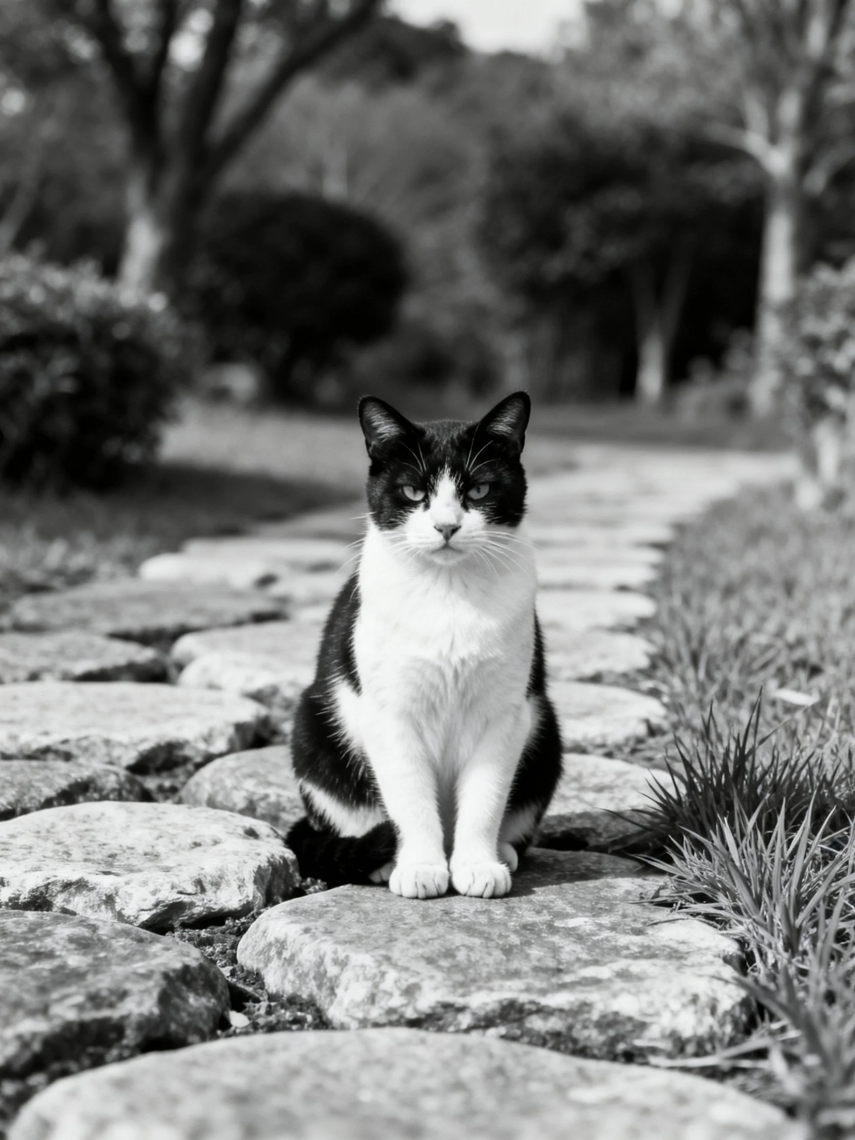Black and white cat sitting on cobblestone path near trees